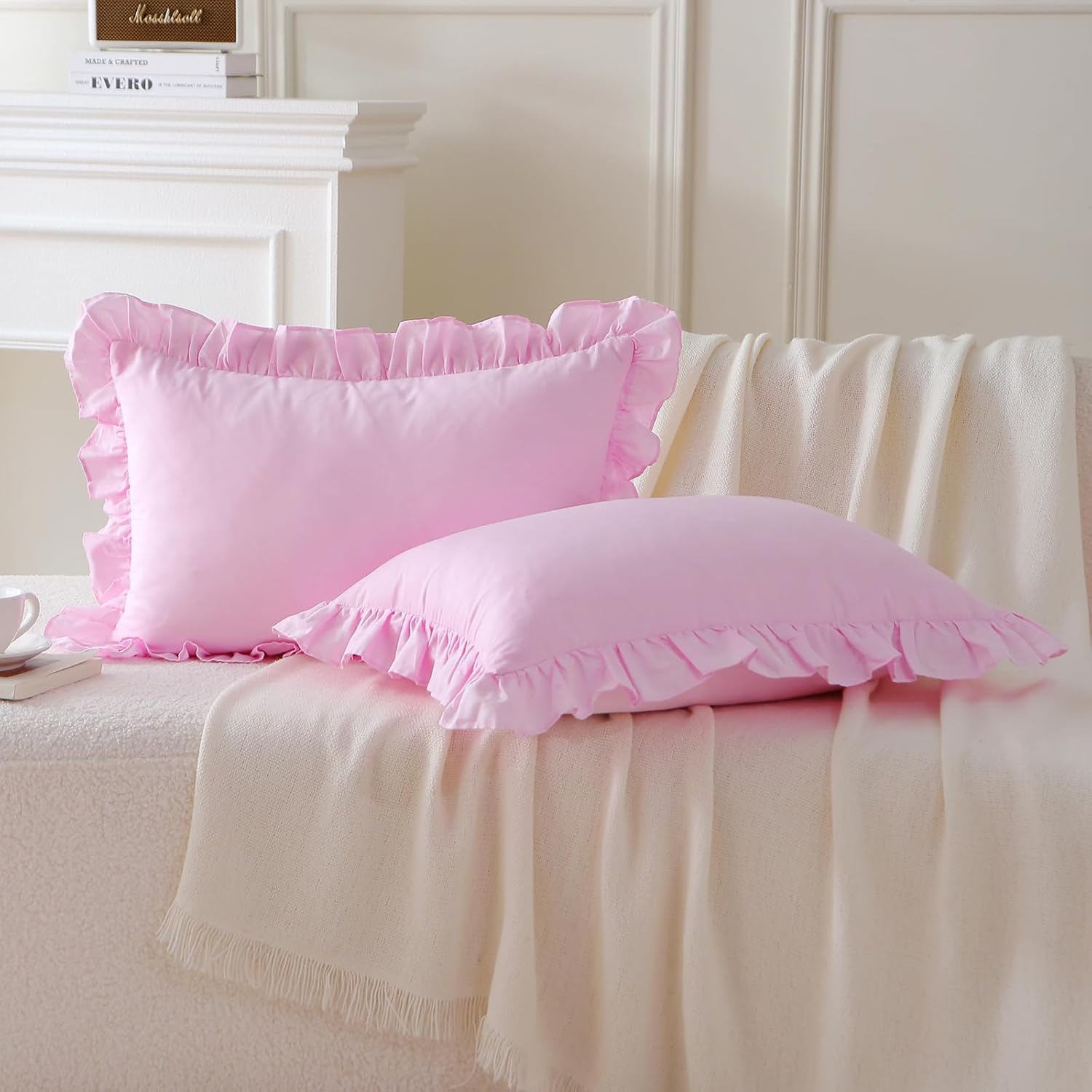 Shabby White Ruffle Euro Pillow Sham Covers Set of 2, Cotton Pillow Shams 26x26 inches French Farmhouse Cottage Vintage Bed Pillow Shams (Shabby White, 26x26)