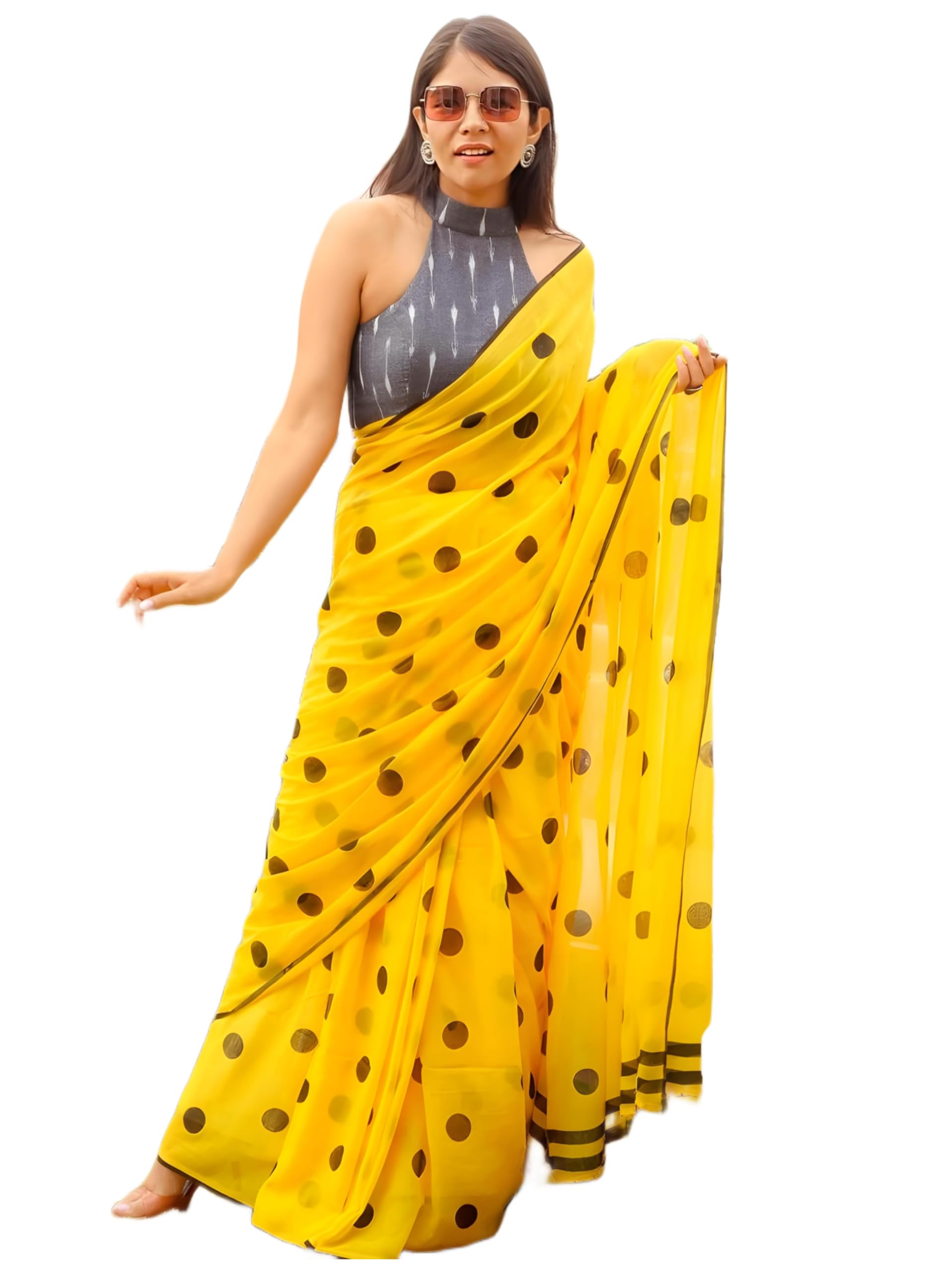 StyleScope Women's Polka Dot Printed Linen Cotton Saree With Unstitched Blouse Piece (Laddu_Free Size)