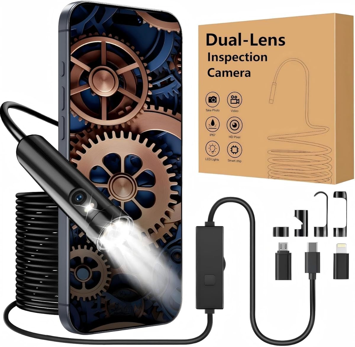 Dual-Lens Endoscope Inspection Camera with Light, 1920P HD Borescope Camera Tools with 8+1 Adjustable LED Lights, 16.4ft Semi-Rigid Snake Drain Borescope, IP67 Waterproof for iOS and Android