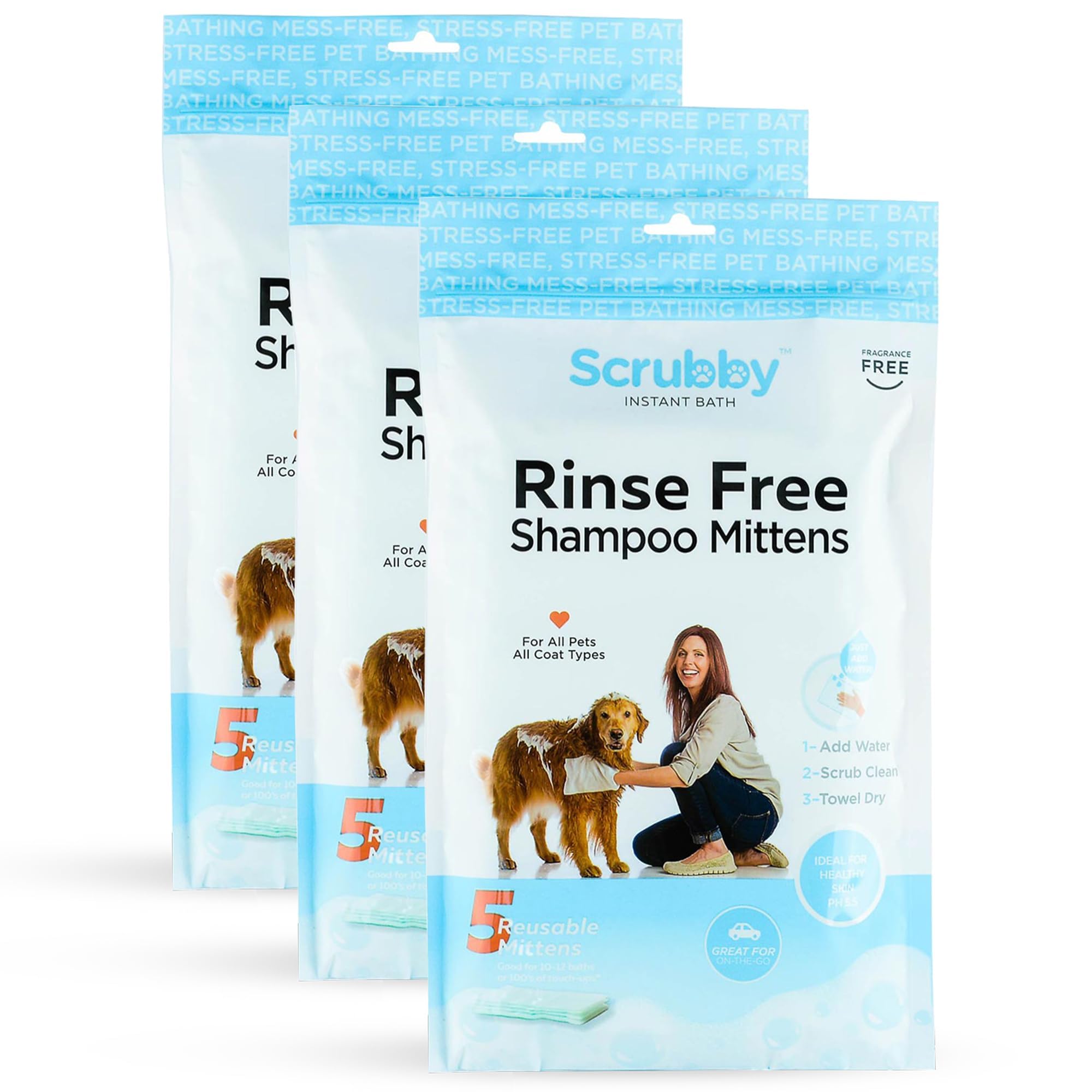 Scrubby Pet No Rinse Pet Wipes | Rinse Free Shampoo Mittens | Dogs & Cats | Bath Wipes - Bathing & Washing Pets, Hypoallergenic | No Rinse Wash Mitt |
