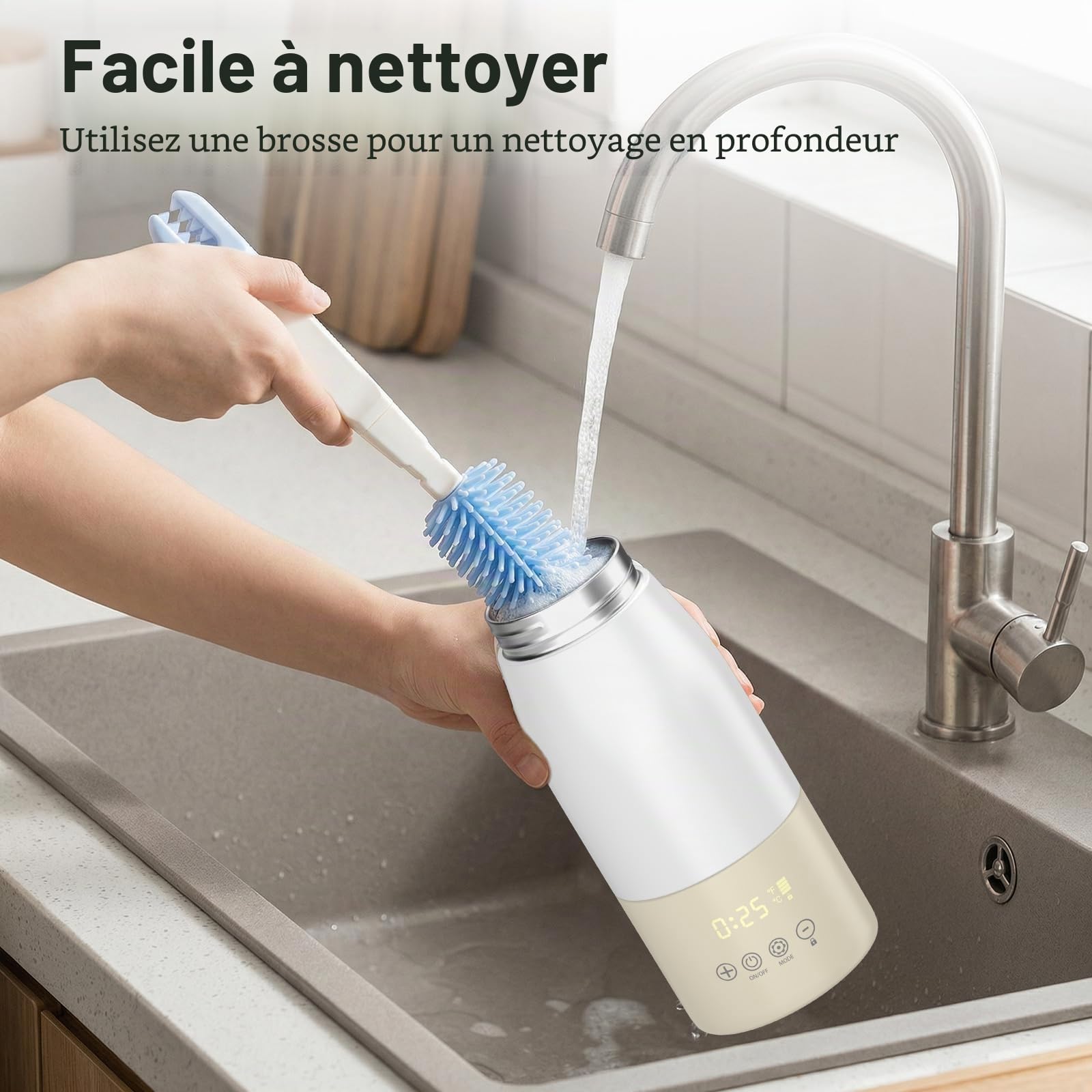 Chauffe-biberon portable pour bébé pour les déplacements, chauffage rapide en 5 minutes, capacité de 500 ml + batterie de 8000 mAh, 7 niveaux de température, acier inoxydable 316, pasteurisation 65 °C