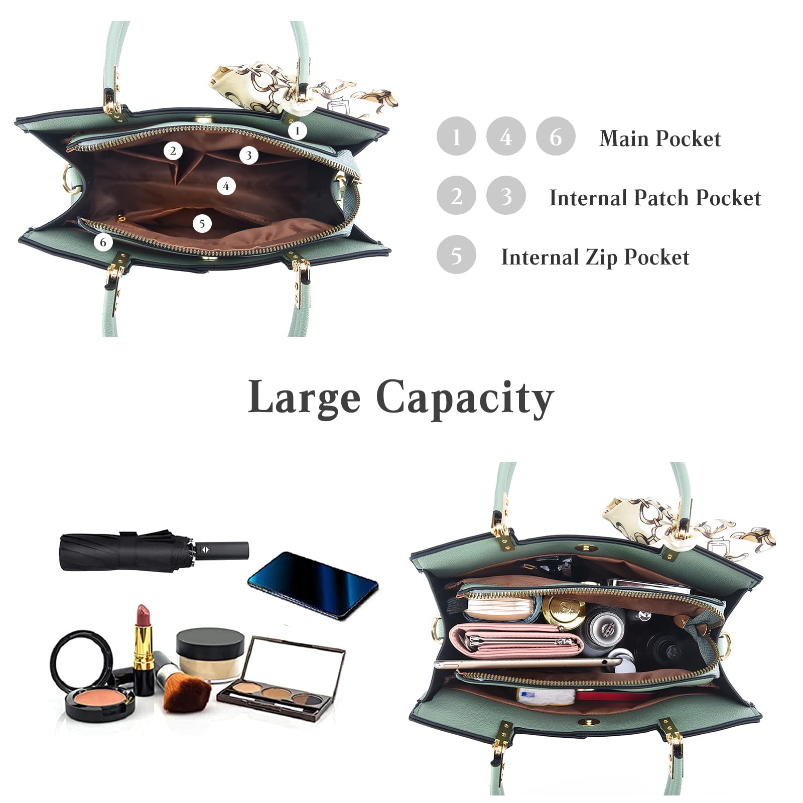 FANDARE Damen Handtasche Große Henkeltaschen Elegante Schultertasche Umhängetaschen PU-Leder Tote Beutel mit Quaste für Arbeit Schule Shopper Reise Grün