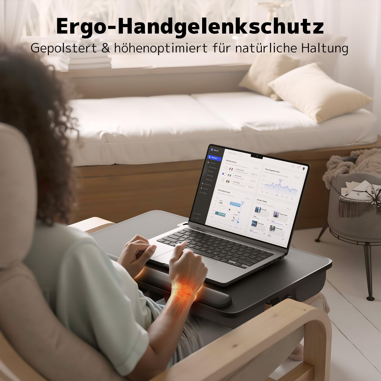 PUTORSEN Laptoptisch fürs Bett - Höhenverstellbar und Winkelverstellbar, 2-in-1 Laptopkissen Klappbar, Größere Laptop Tisch für Bett Sofa Couch Boden, 58 x 37cm Schwarz