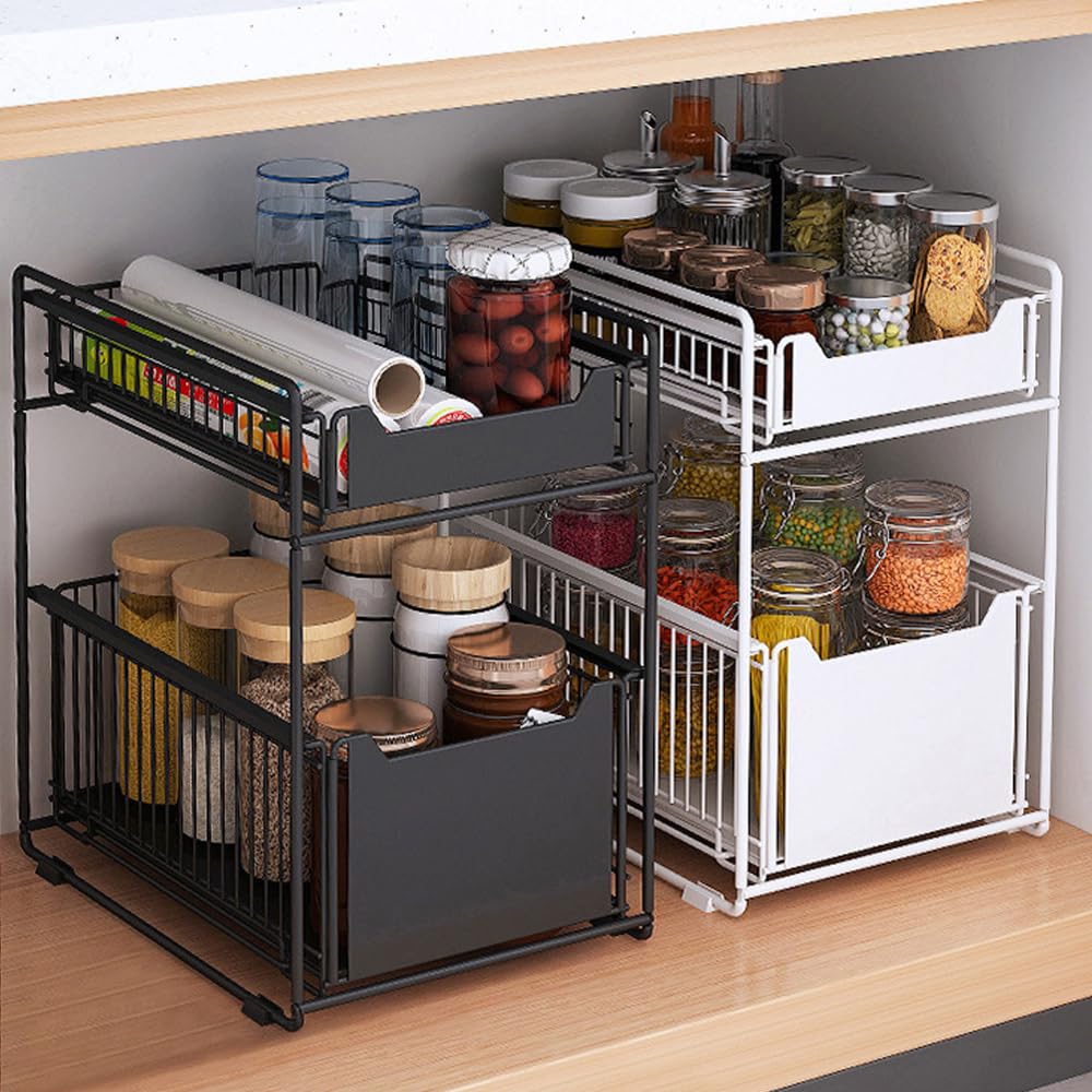 Scaffale scorrevole da cucina a 2 livelli in metallo sotto il lavello per bagno e ufficio, mensola salvaspazio cassetto rt per un facile accesso agli elementi essenziali della cucina e del bagno.