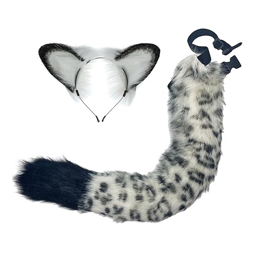 White Faux Fur Spotted Snow Leopard Plush Ears Headband with Tail Animal Cosplay Halloween Costume Set