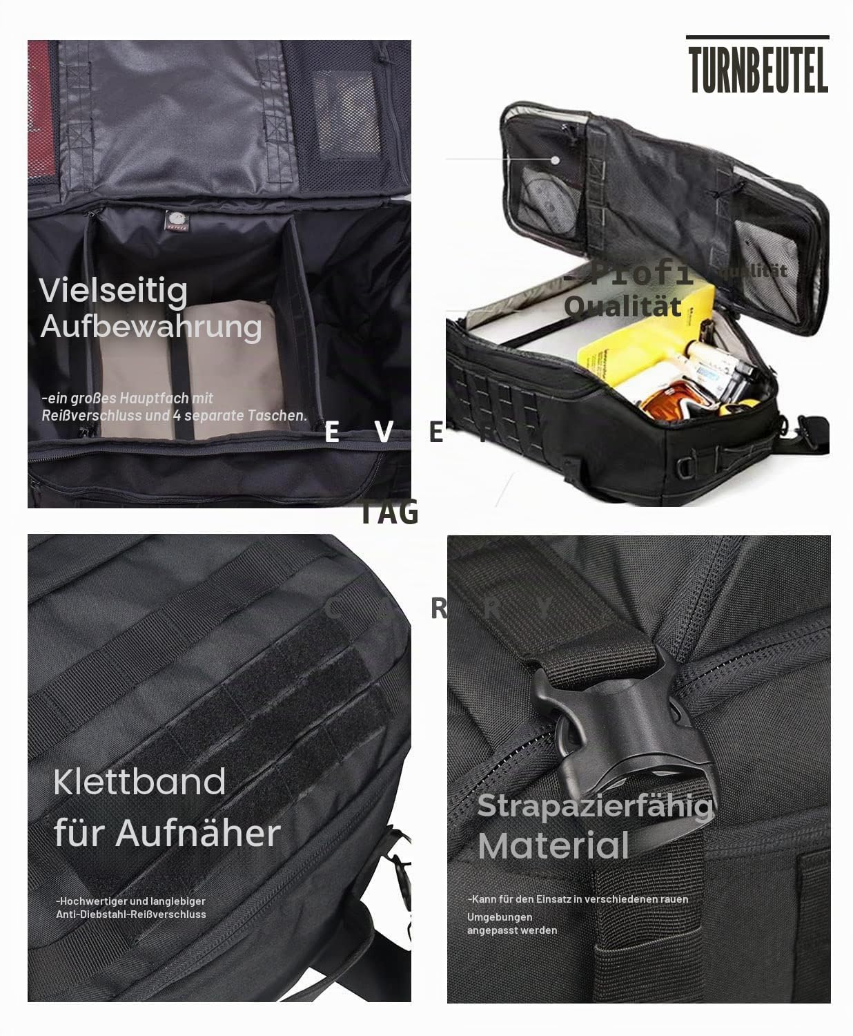 Miramrax Gym-Tasche Duffle-Taschen Rucksack - Reise-Wochenendtasche für Männer Frauen Trainingstasche für Militär, Sport, Übernachtung, Basketball, taktisch, Fußball, wasserdicht & reißfest, Schwarz