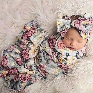 Newborn Baby Swaddle Blankets Headband Set Infant Swaddle Sack Baby Floral Swaddle Sack Floral Stretchy Swaddle Wrap Receiving Blankets Infant Baby Gifts