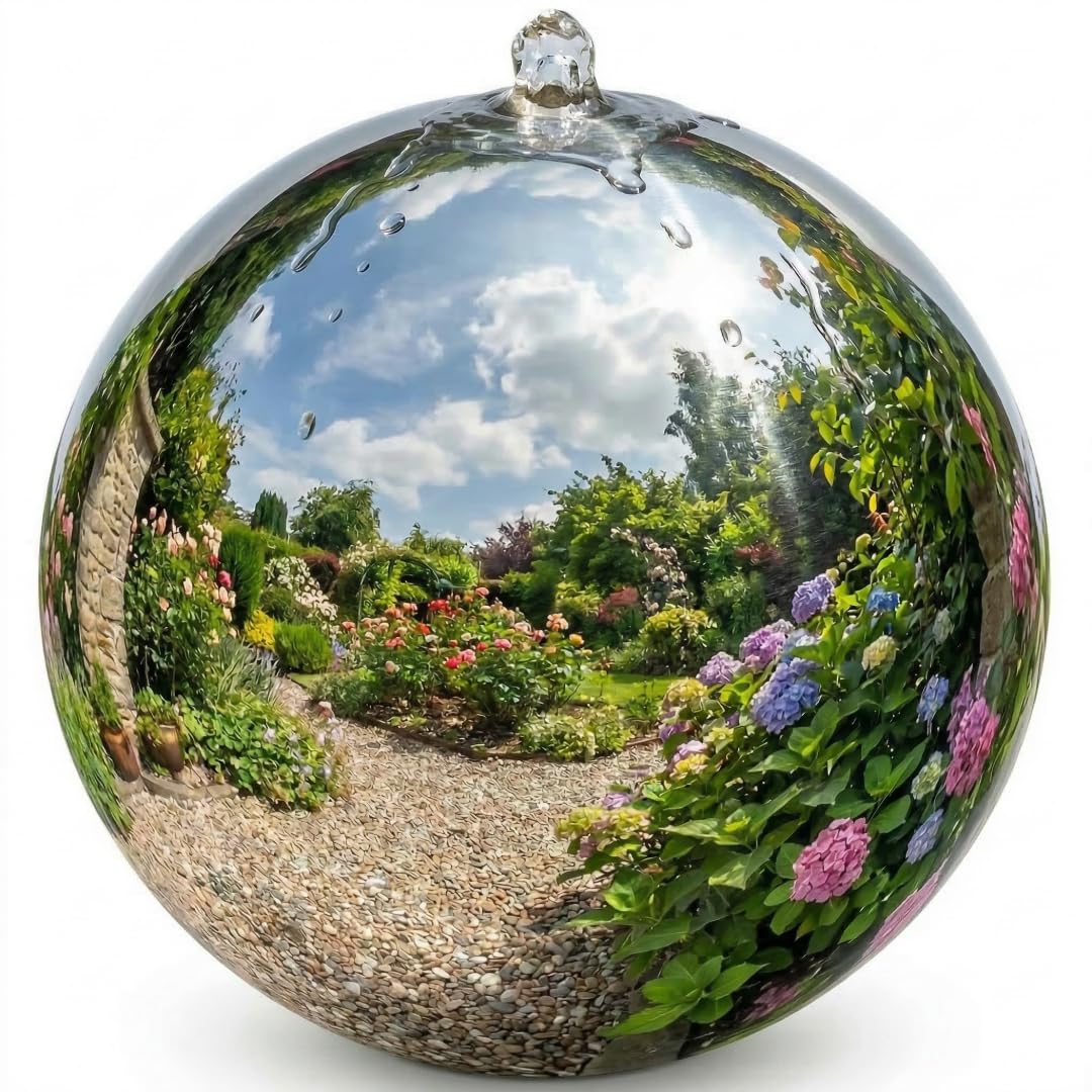 Kugelbrunnen aus Edelstahl D: 30 cm – Edelstahlkugel glänzend für Gartenbrunnen, Wasserspiel Garten, 30 mm Lochbohrung, 1/2 Zoll Schlauchanschluss, Edelstahlbrunnen für DIY Brunnenanlagen