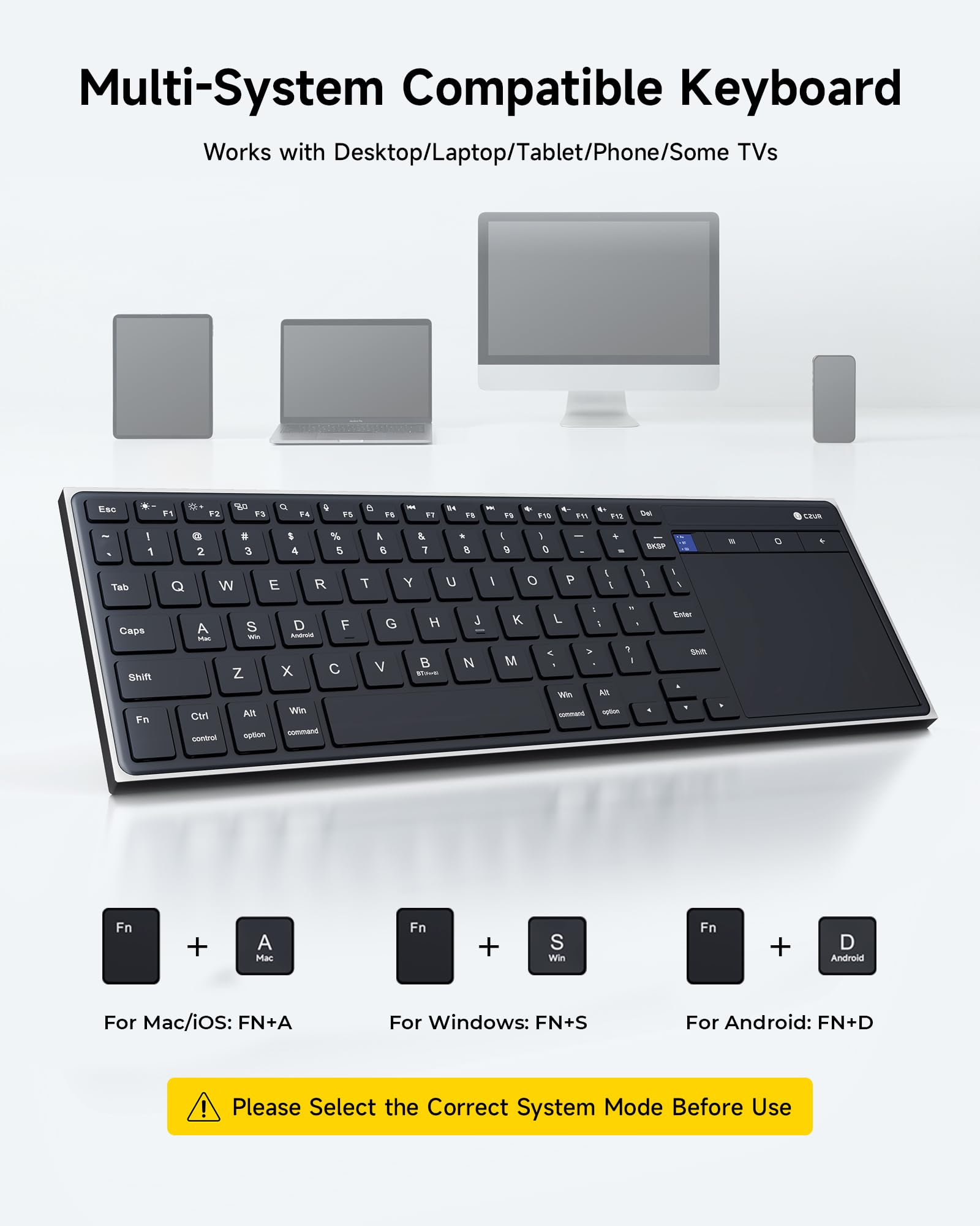 CZUR K5S Bluetooth Keyboard with Touchpad, Wireless & Wired Keyboard with Trackpad for PC, Laptop, Tablet & Phone, Multi-Device Portable Rechargeable Keyboard, for Windows/Mac/Android/iOS (No Backlit) — view 7