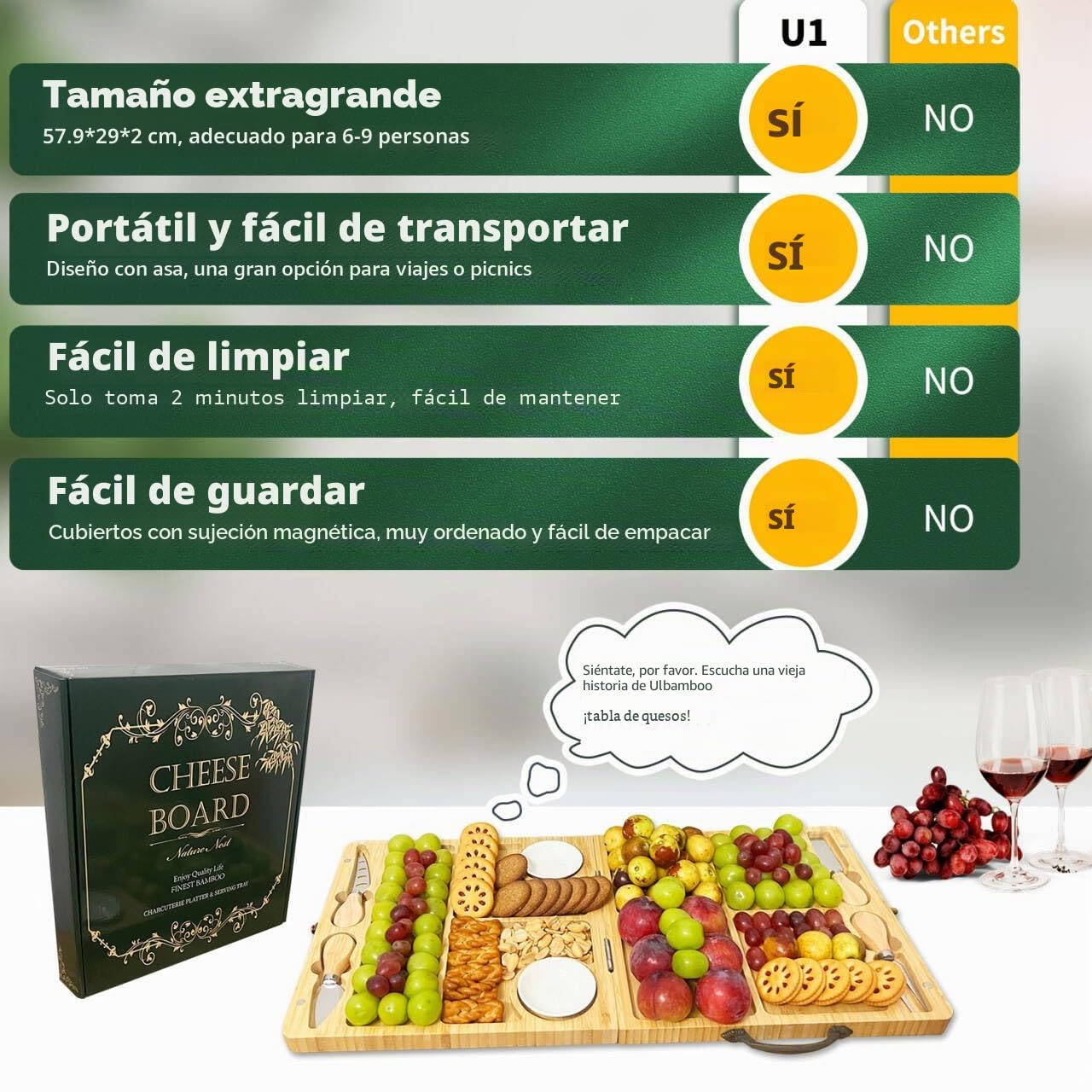 NatureNest Tabla de charcutería grande, bandeja portátil plegable para servir queso, juego de cuchillos multiusos, adecuado para exteriores, aniversario de boda, Navidad, regalos de Acción de Gracias