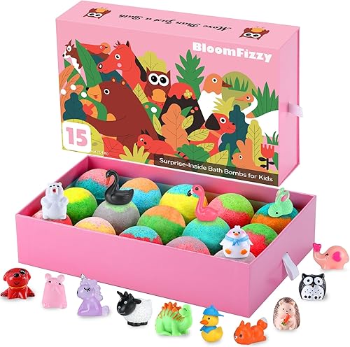 Jungle Adventure - Bombas de baño para niños, 15 bombas gaseosas perfumadas con juguetes sorpresa de animales terrestres en el interior, juego de