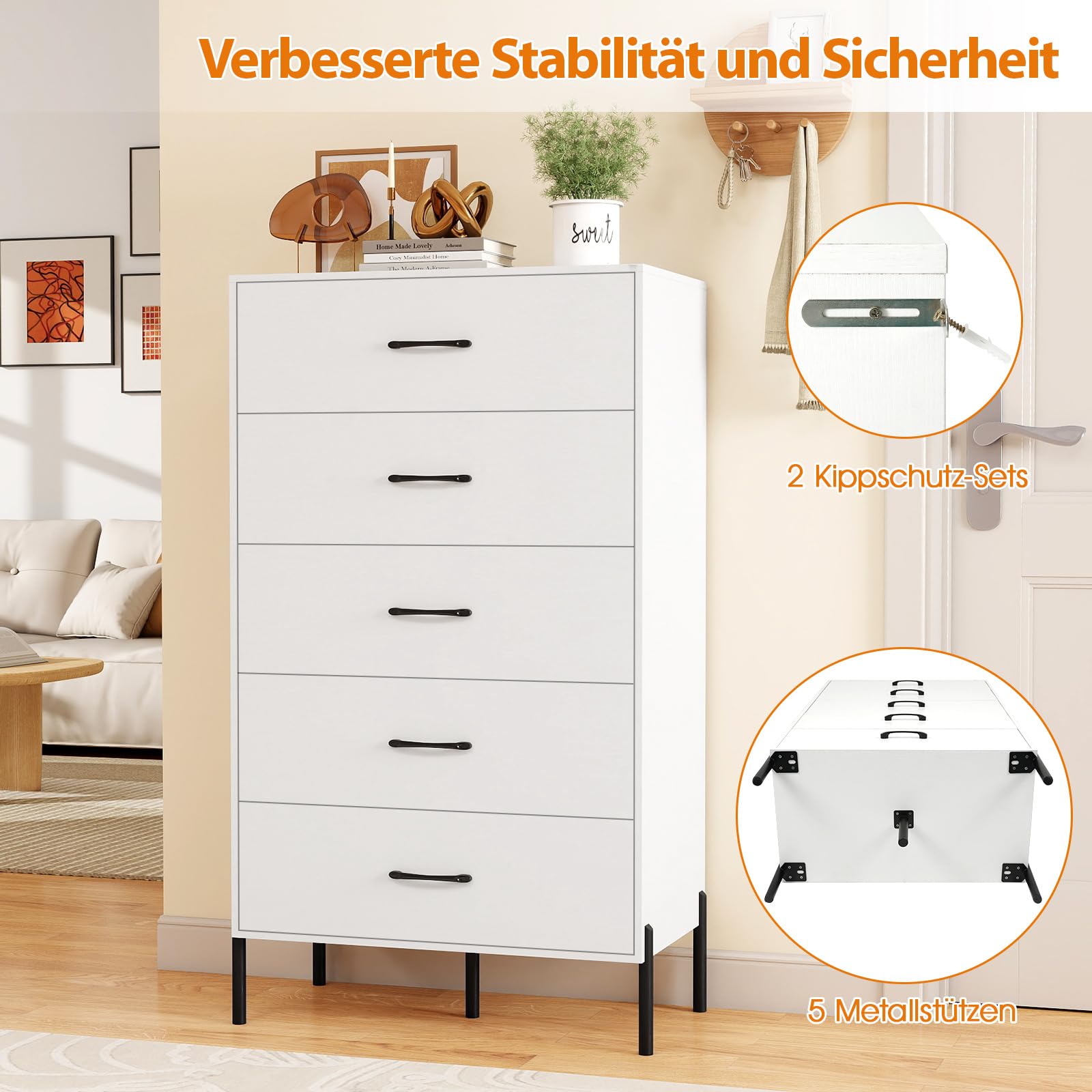 COSTWAY Kommode mit 5 Schubladen, hoher Schubladenschrank mit Metallbeinen & -Griffen, Schubladenregal mit angehobenen Beinen, für Schlafzimmer, Wohnzimmer, Flur