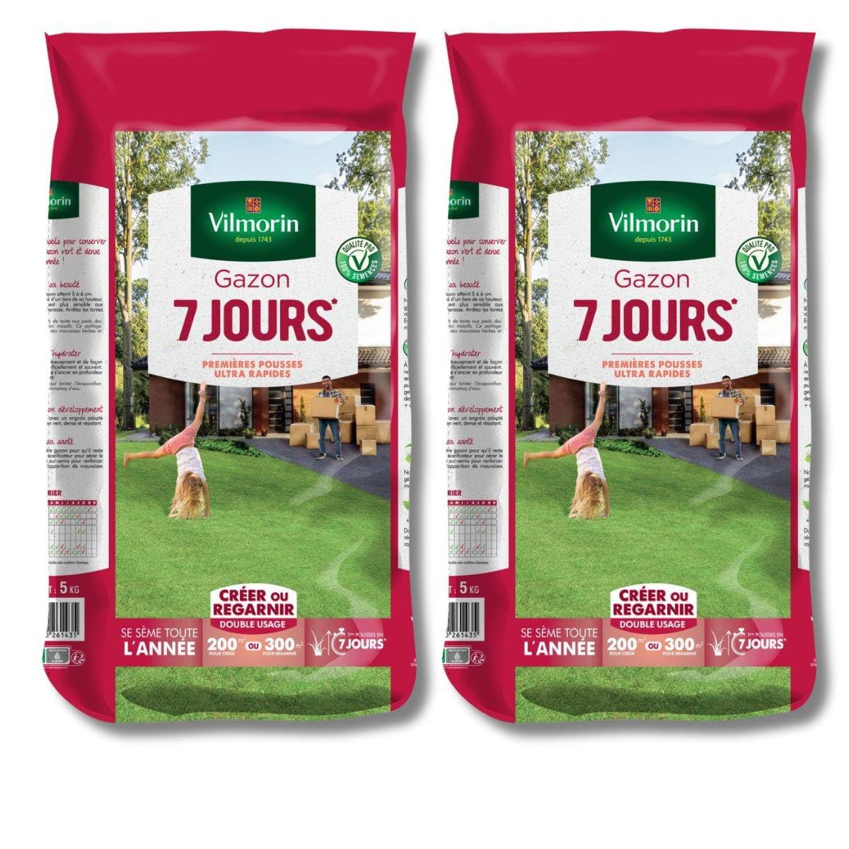 Lot de 2 sacs Gazon 7 Jours Vilmorin 5 kgs - Pelouse Ultra-Rapide 400m²