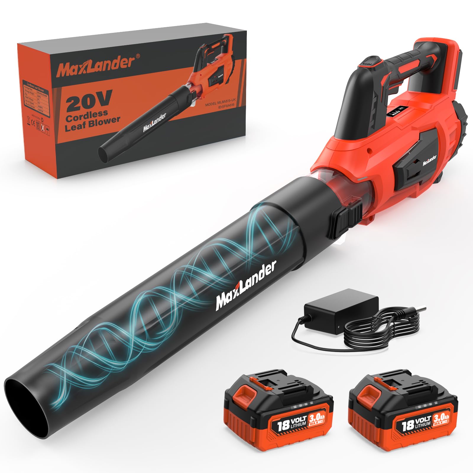 MAXLANDER Soplador de hojas, soplador de hojas eléctrico inalámbrico y aspiradora con 2 baterías de 3.0 Ah y cargador, 350 CFM y 100 MPH, y modo de 2 velocidades, para limpieza de patio, cuidado del