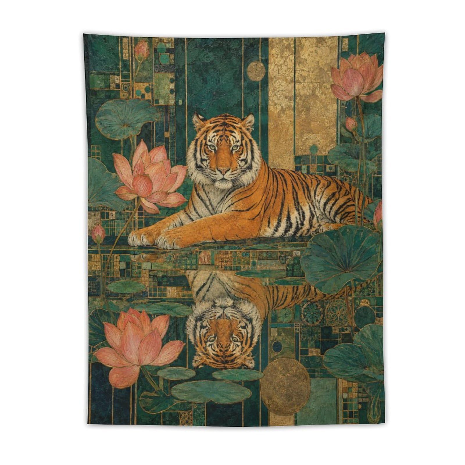 H3B8U2Y5 Tiger with Lotus Wall Tapestry, Asian Ink Style, Apartment