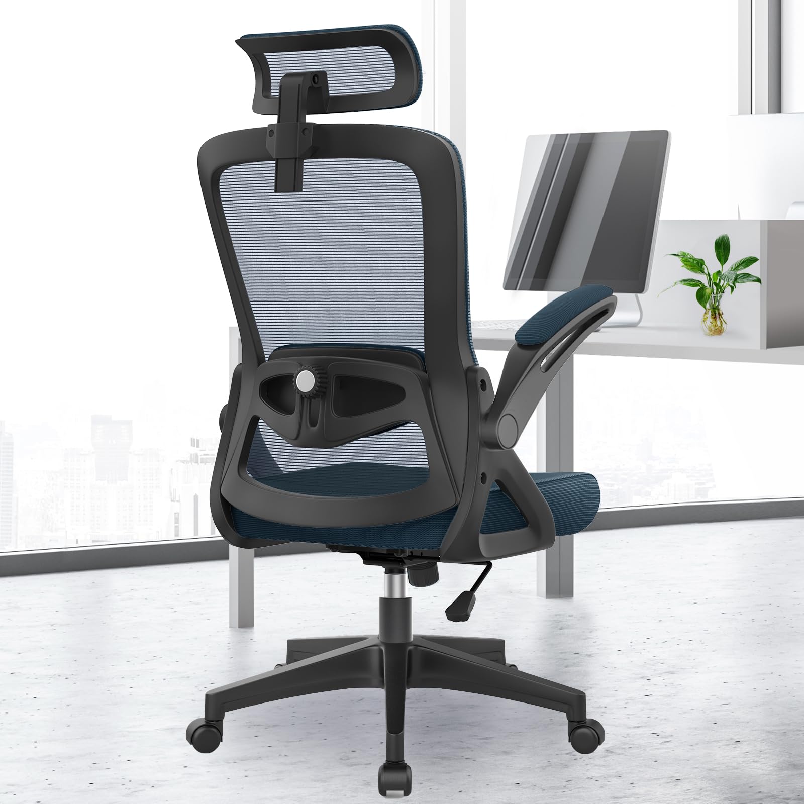 YONISEE Office Chair Ergonomic Office Chair with Lumbar Support, Adjustable Armrests and Headrests, Mesh Chair High Back Comfortable for Home Office (Navy Blue)