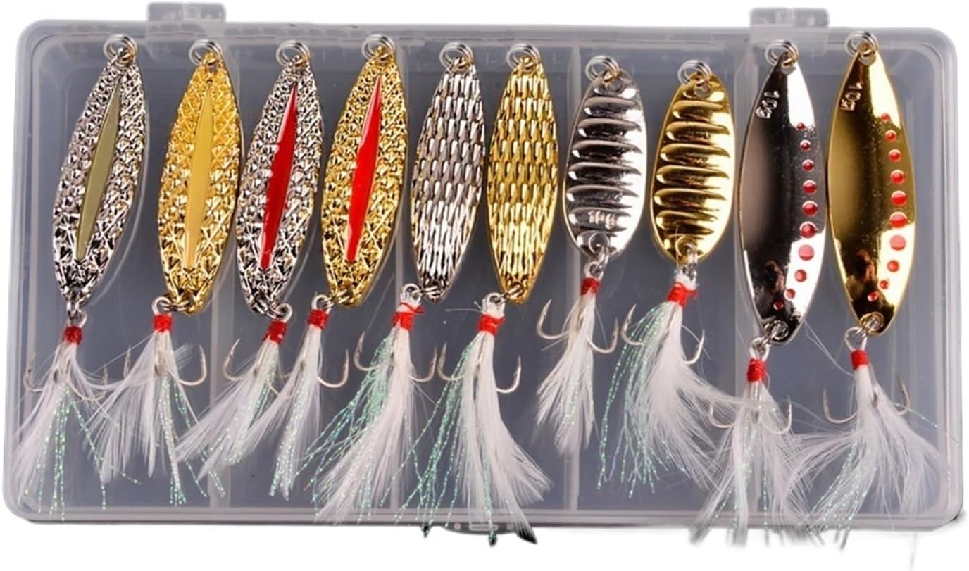 10Pcs/Box Metal Spoon Lure Kit Set Gold Silver Fishing Baits 2.5-7.5g Sequins Spinner Lures with Box Hooks Pesca Fishing Tackle (Color : A-10pcs Lures)