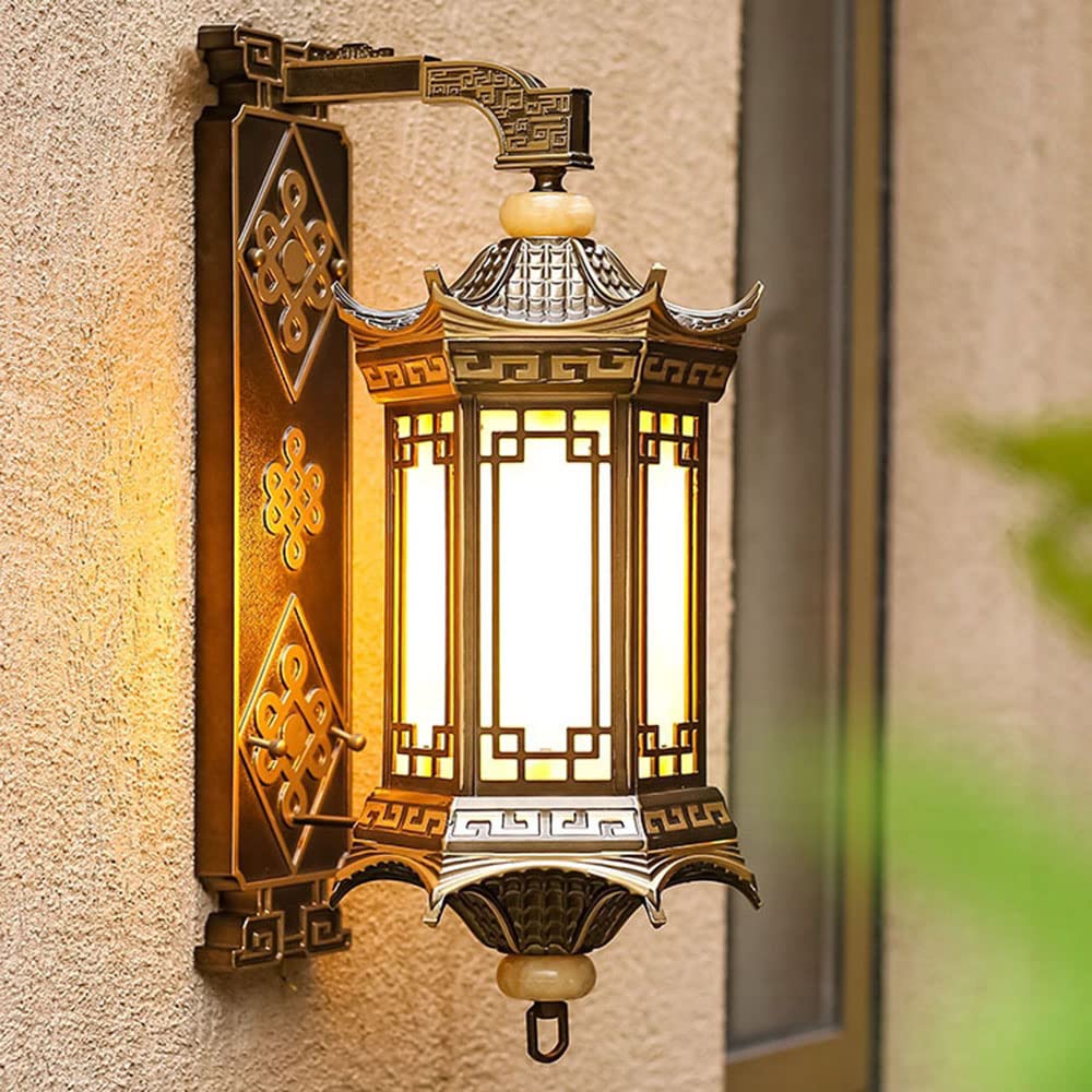 OZBMA Chinese Style Waterproof Wall Light Lantern Retro Mount Outside Oil Rubbed Bronze Sconce with Imitation Marble Lampshade Exterior for Garage, Patio