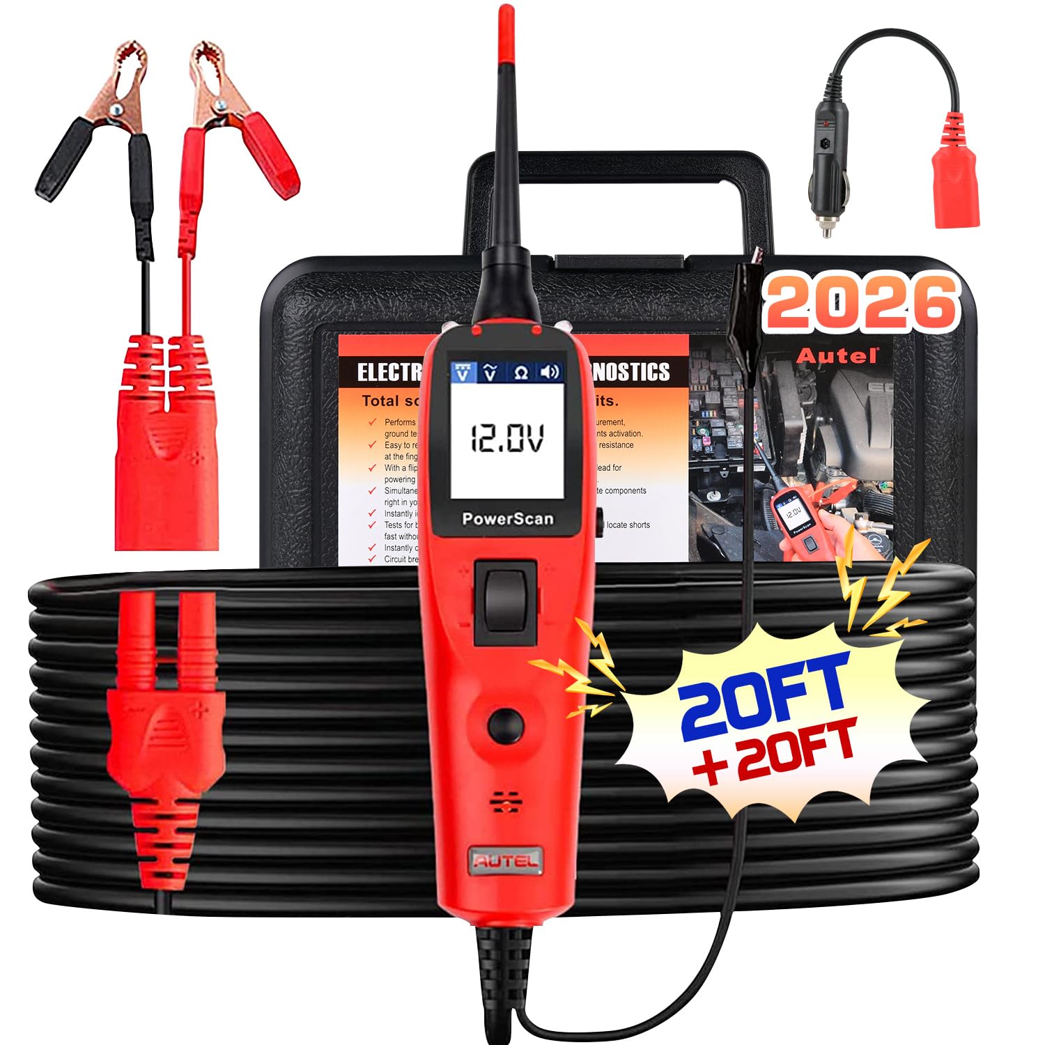 Autel 2026 PowerScan PS100 Power Probe Circuit Tester Kit, 12V 24V Electrical System Diagnostic Tool, Automotive Circuit Tester, Read AC DC Resistance, Built-in Circuit Breaker, Extended 20ft Cord