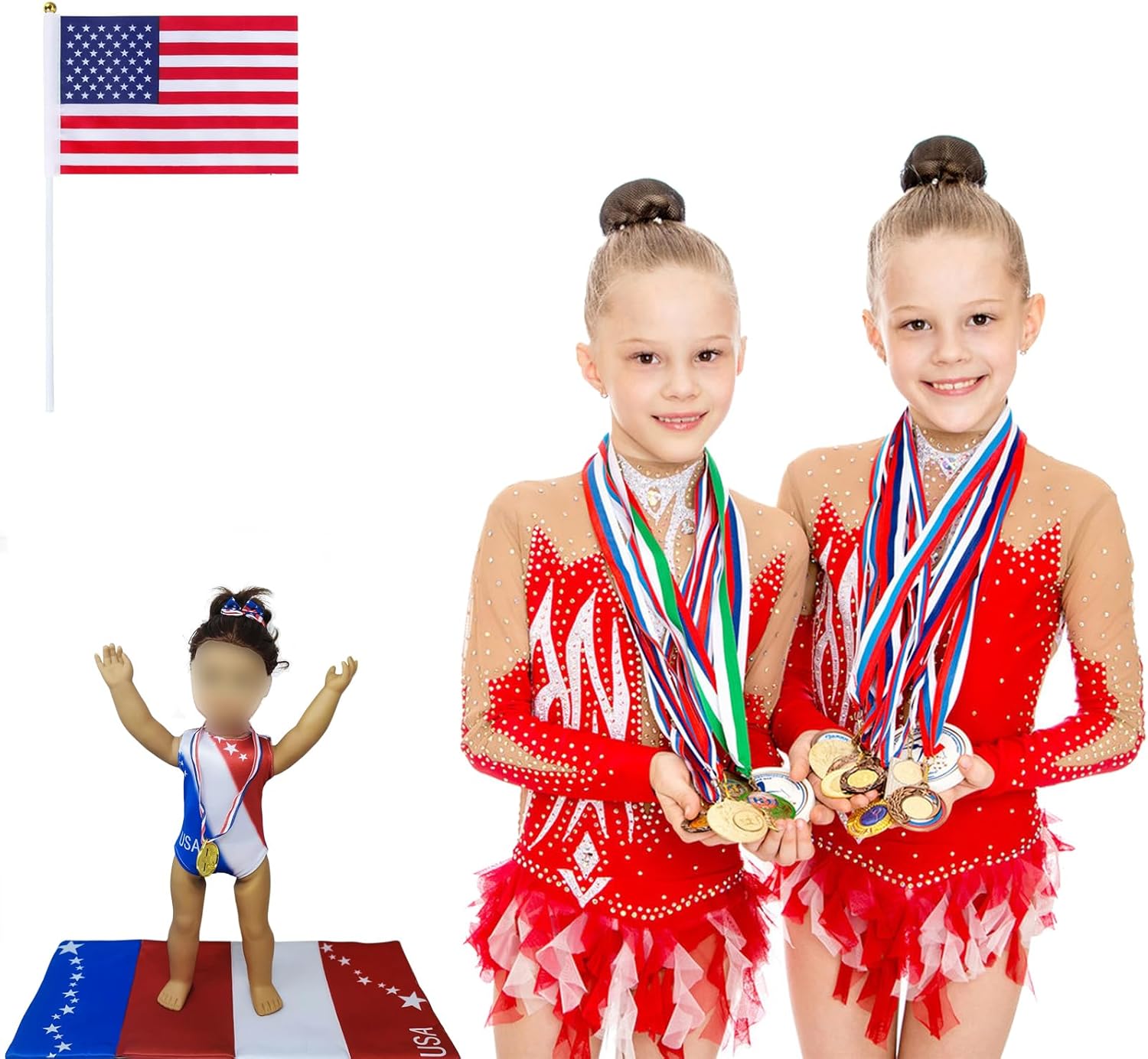 18 Inch Doll Clothes and Accessories,18 inch Dolls Gymnastics Leotard,Matching Doll 4th July Patriotic Clothes USA Flag,Mat and Olympic Gold Medal Fits Most 18" Dolls