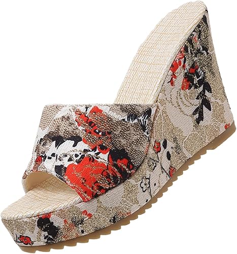 DirraBra Sandalias de tacón de cuña con fondo grueso y diseño de flores para mujer, sandalias antideslizantes con boca de pez, cómodas pantuflas