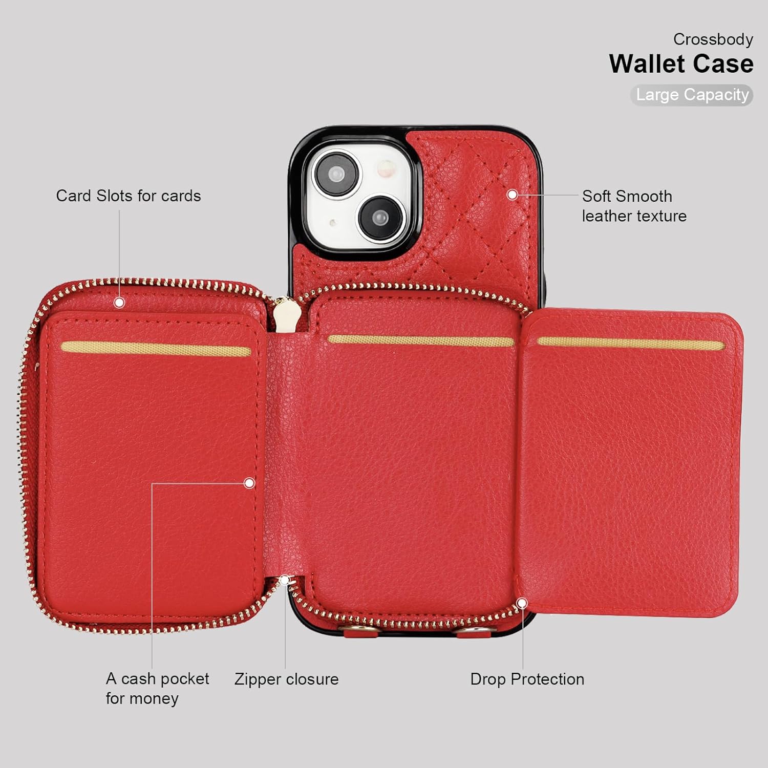 Bocasal Crossbody Wallet Case for iPhone 15, RFID Blocking PU Leather Zipper Handbag Purse Flip Cover, Kickstand Folio Case with Card Slots Holder Wrist Strap Lanyard 5G 6.1 Inch (Red)