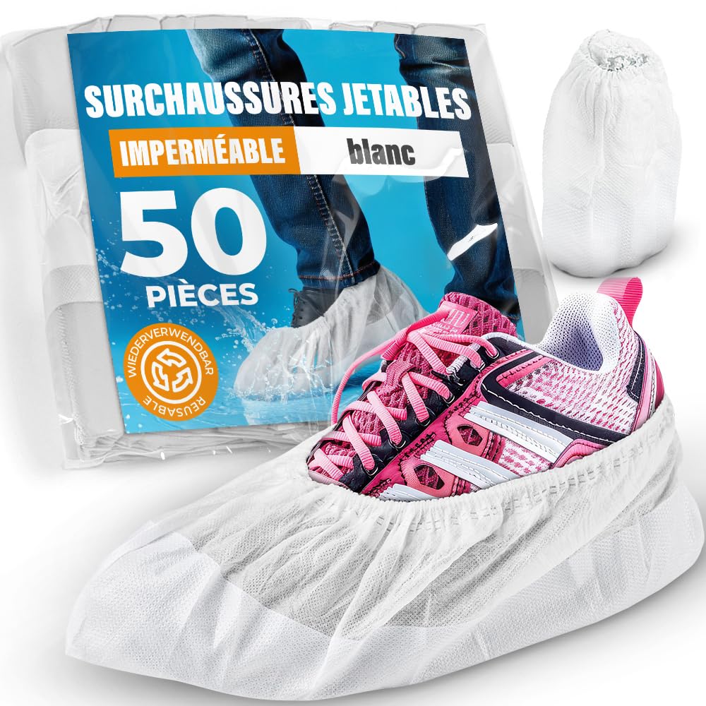ISC Hygiene & Safety Surchaussures jetables – imperméable, blanc, 50x | Sur chaussure jetable, Protege chaussure usage unique, Taille universelle jusqu’à 47, Semelle renforcée