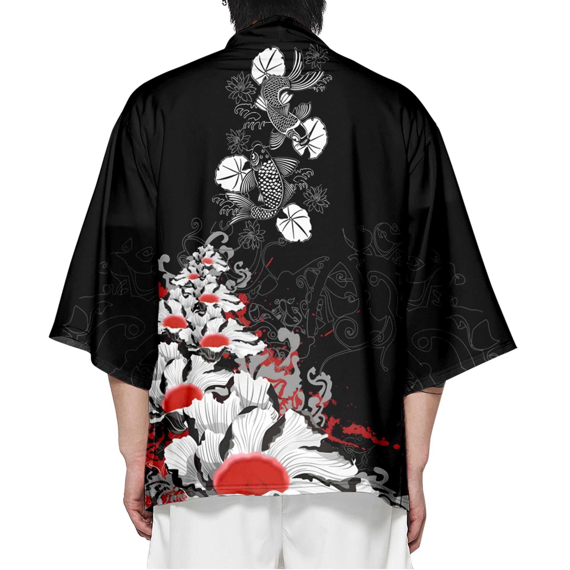 Doslavida - Set cardigan kimono giapponese da uomo, stile cinese, stampato, giacca e pantaloni, aperto sul davanti, a sette maniche