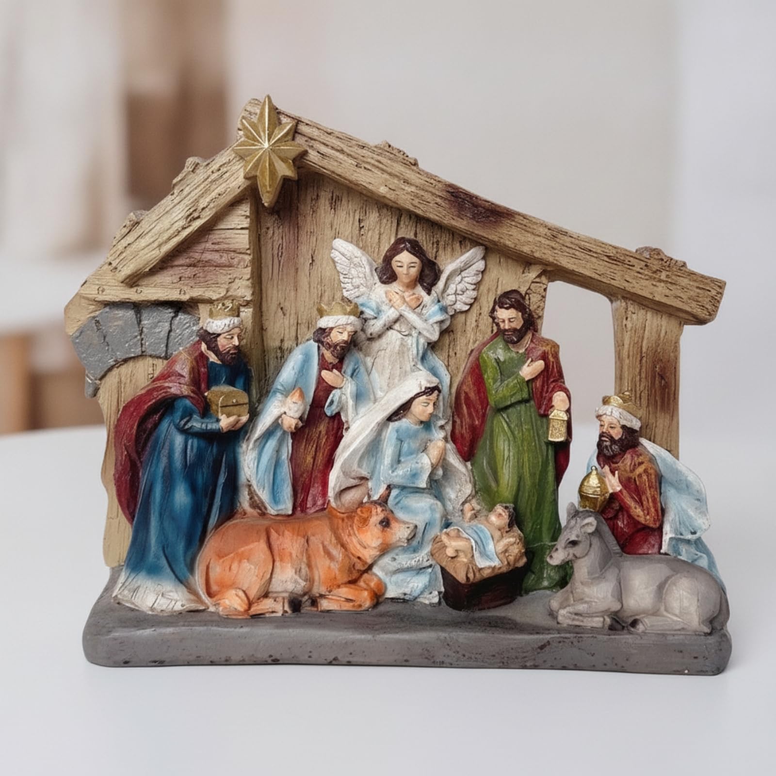 rockible Presepe con Capanna Natalizio Presepe da Tavolo Rustico Decorazione per Collezionisti