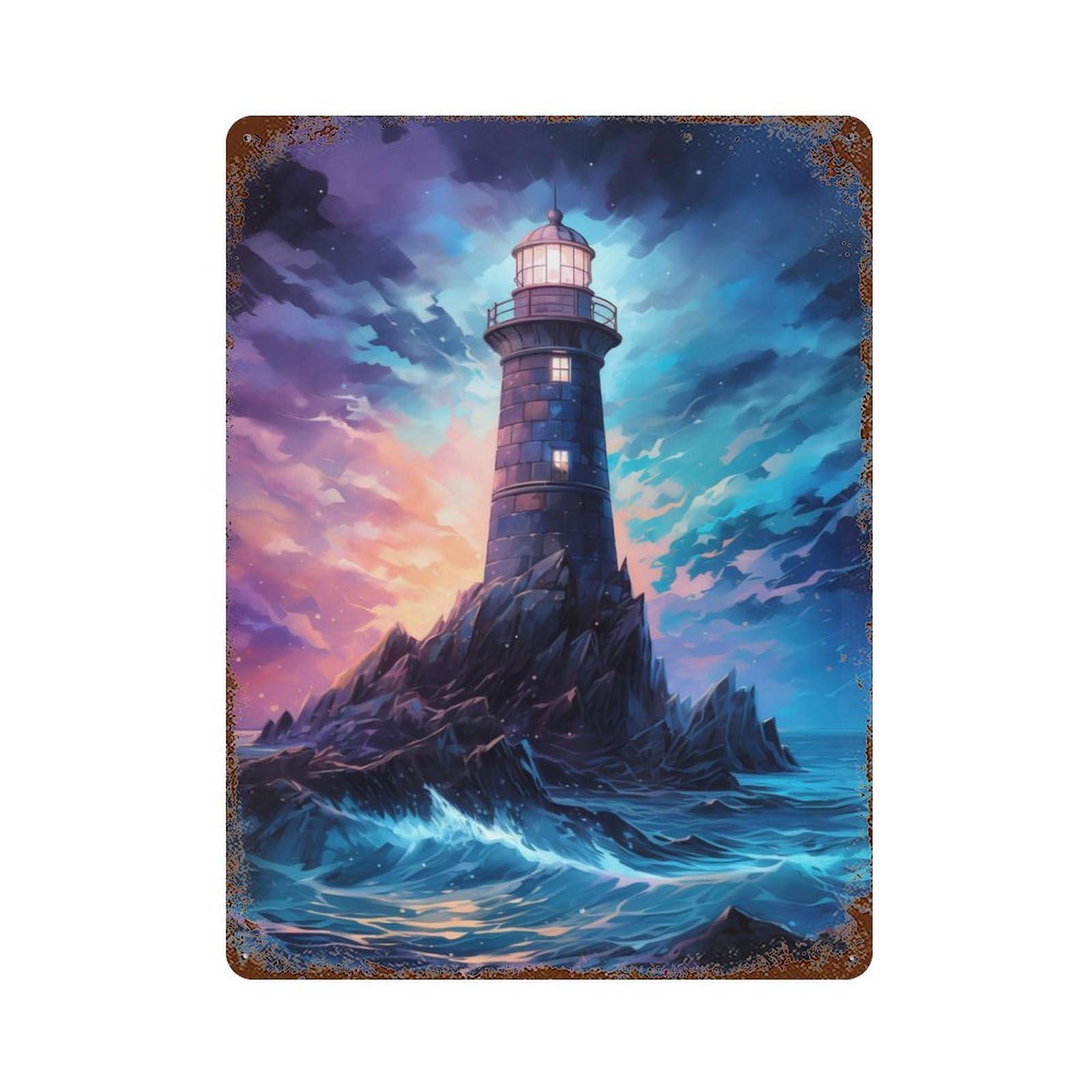 Lighthouse at Night Decorative Tin Sign 15.7"x11.8", for Bistro, Counter And Cafe Decor, Classic Wall Plaque