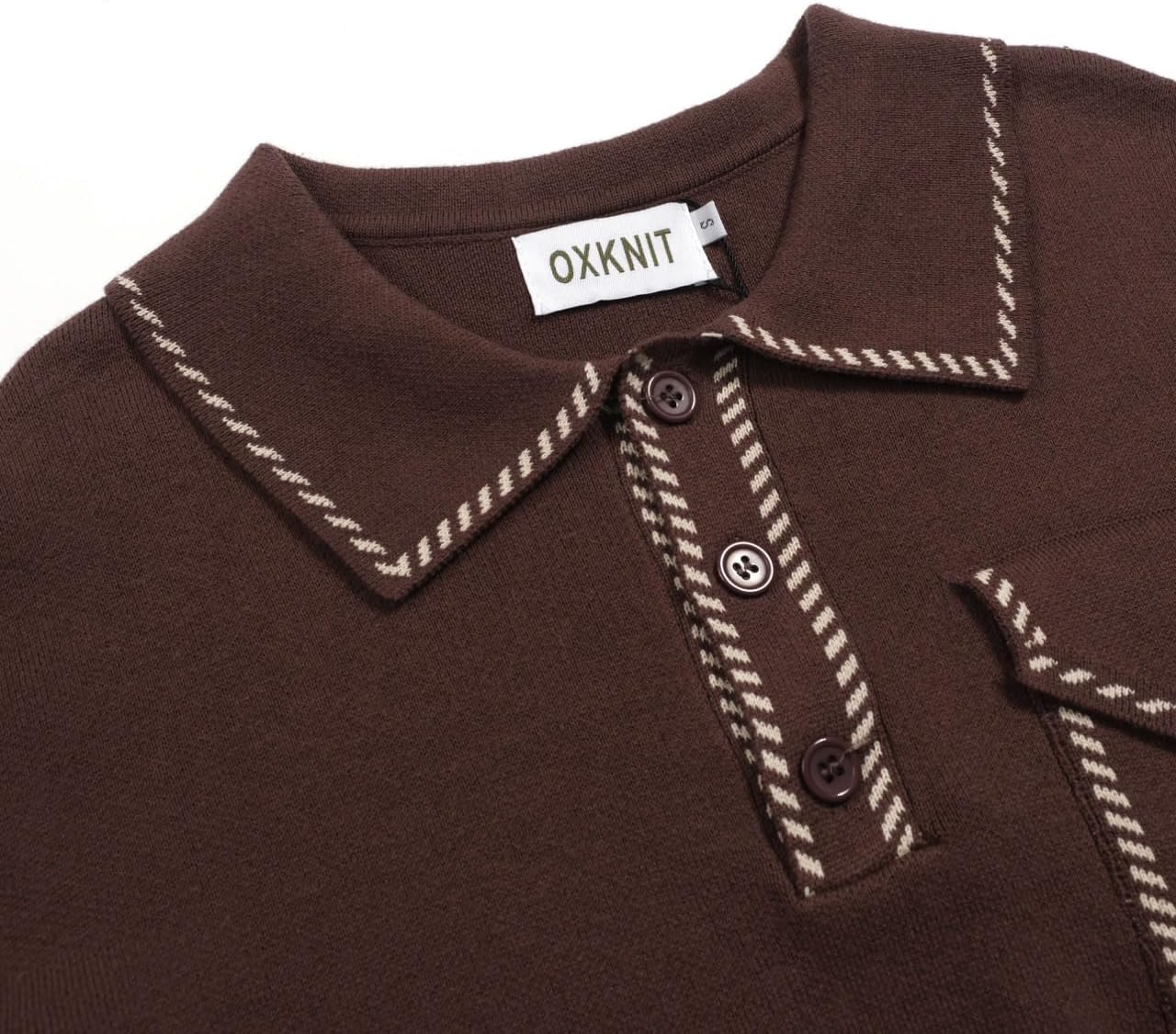 OXKNIT Men’s Knit Long Sleeve Polo Shirts, Mod Style Retro Stripes Quarter Button Brown Pullover Sweater with Pocket