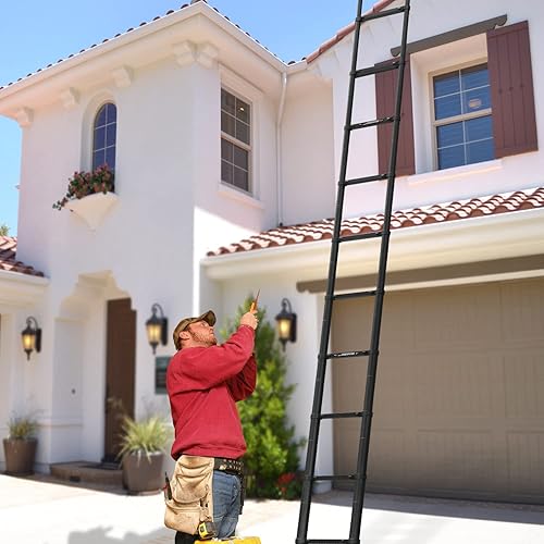 Miniatura 8 de Escalera telescópica de 16.5 pies, escalera telescópica de aluminio con 2 ganchos de capacidad máxima de 330 libras, con pies antideslizantes,