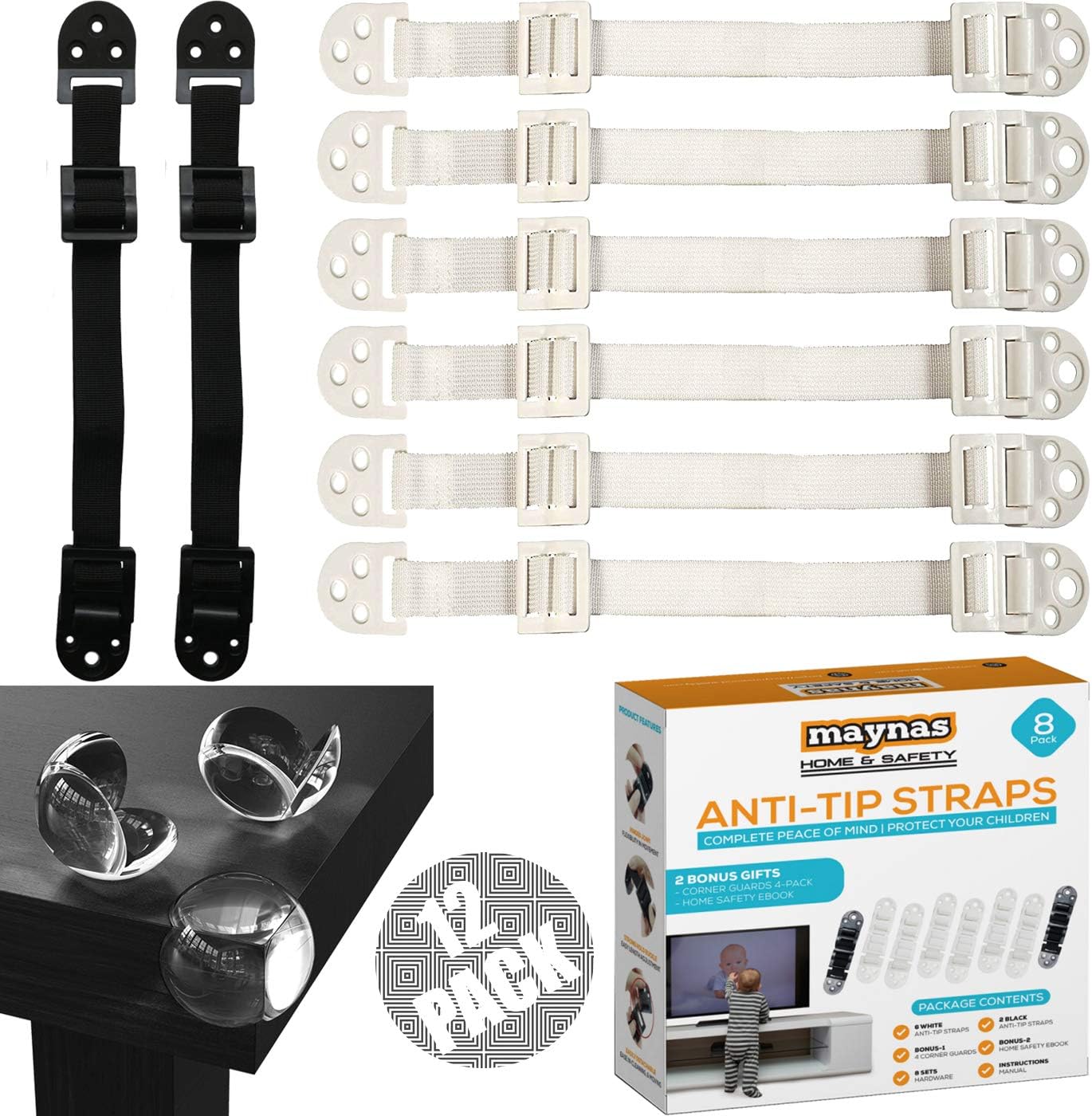 Furniture Anchors for Baby Proofing 8 Pack, 4 Pack Corner Guards - Anti-Tip TV Safety Straps, Bookshelf, Dresser Secure to Wall - Adjustable Child Proof, Protect Children - White and Black Mounts