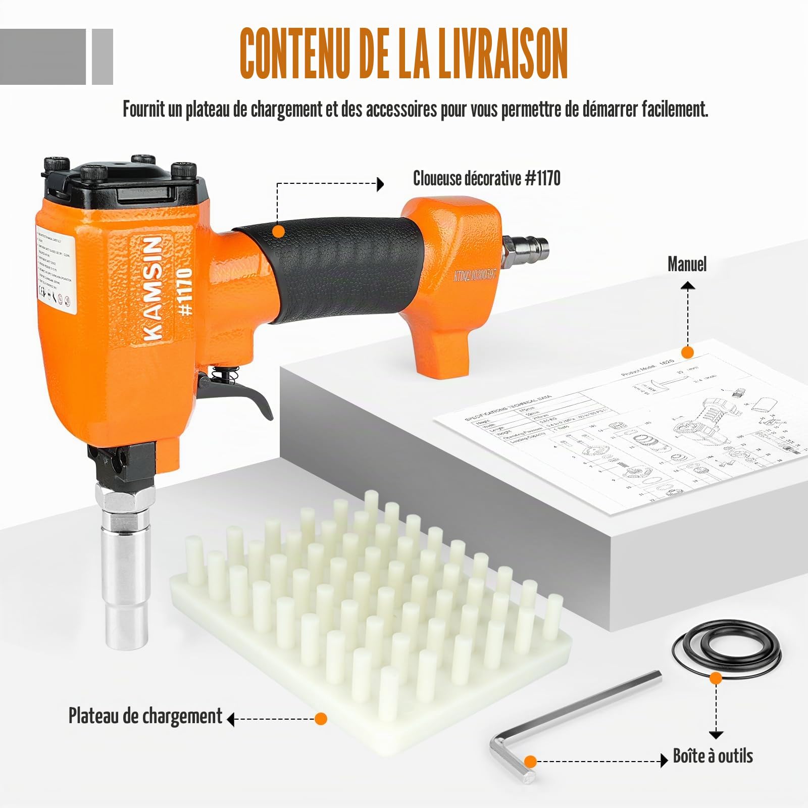 1170 Cloueuse décorative 10,8-11,7mm pour meubles & rembourrage | 0,64kg, chargeur 54 punaises, nez magnétique, 7 embouts inclus, léger, ergonomique, durable, pour décoration, tissus & cuir