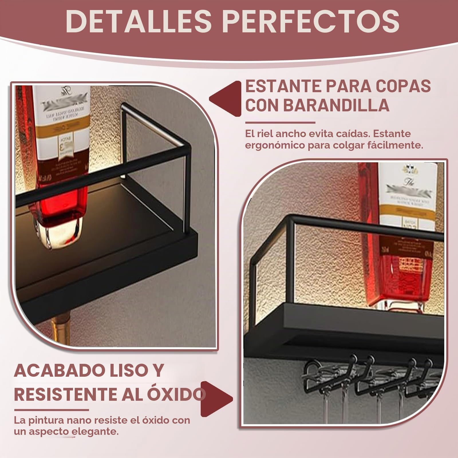 160CM Botellero de Pared Industrial Luz LED, 3 Niveles Moderno Botellero de Metal con portavasos de, Multifuncional Estante para Vino Apto para Cocina, Bar, Cafetería y decoración (Negro)