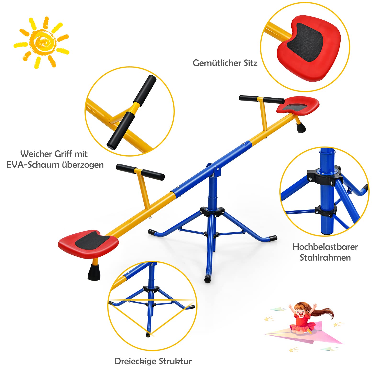 DREAMADE Wippe Kinder Outdoor 360° drehbar mit rutschfesten Griffen, Gartenwippe Schaukelwippe Karusselwippe für Drinnen und Draußen, für Kinder von 3-8 Jahren