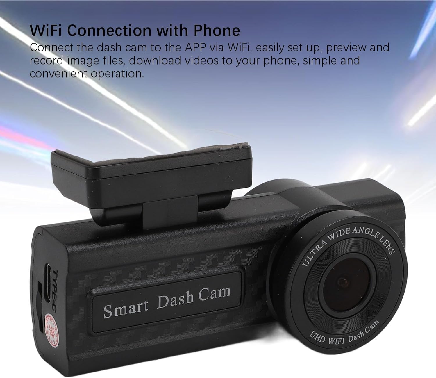 Close-up of the Heayzoki Dash Cam showing its Type-C port and lens, with text about WiFi connection to phone.
