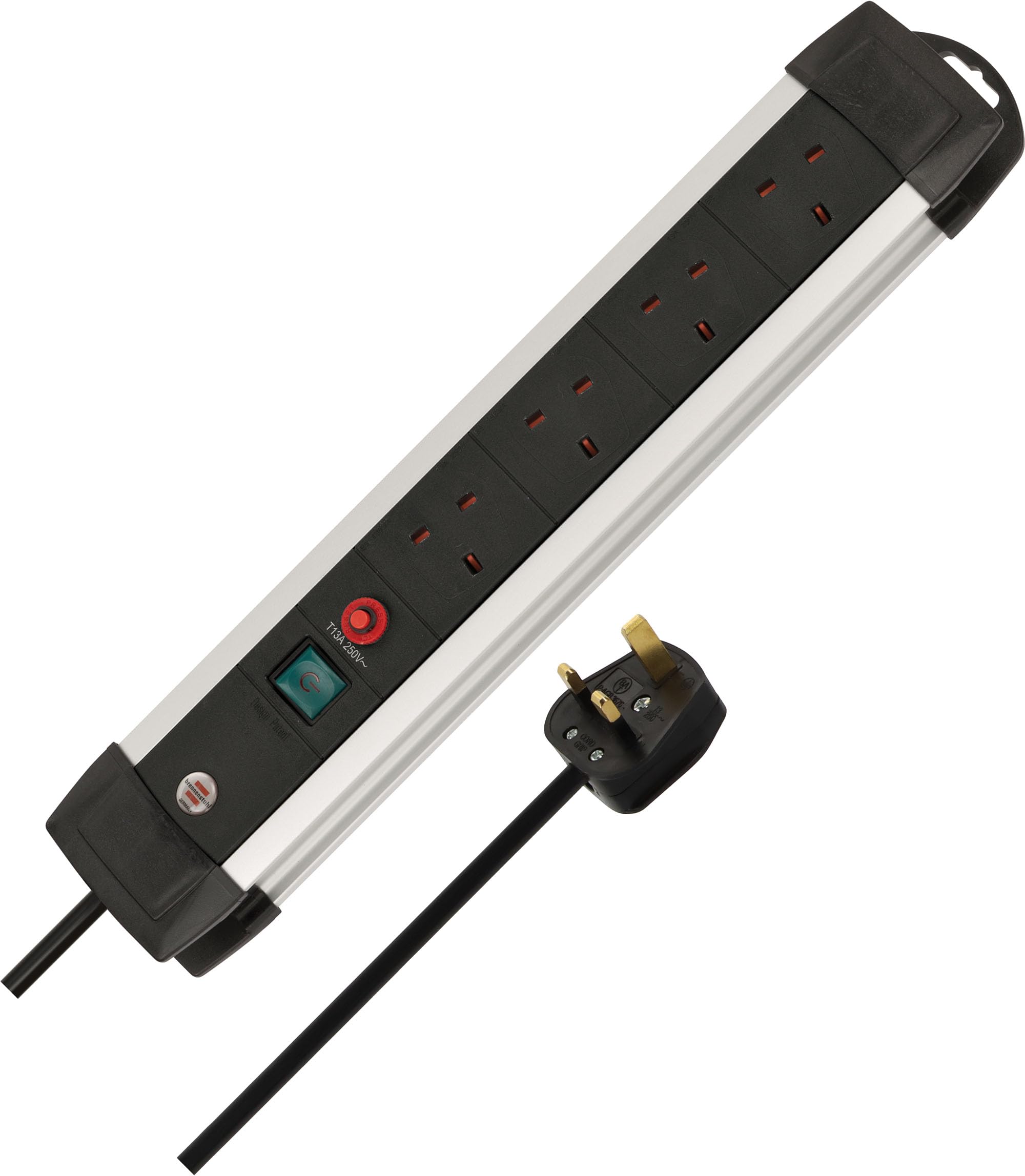 Brennenstuhl Black Premium-Alu-Line 4-Way Extension Lead (Power Strip With Safety Fuse Button, 5M Cable, Made In Germany) /Silver