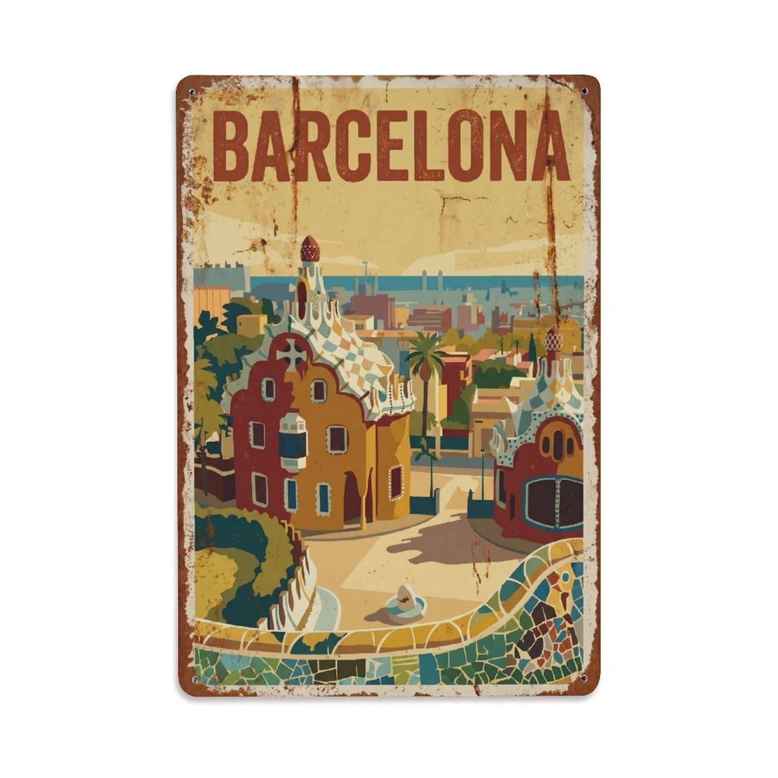 Okngb Style Modernist Pavilion Barcelona Catalonia Vintage Travel Metal Tin Sign Plaque Wall Decor For Cafe, Man Cave, Club Bar, Office, Home Garden Round Metal Poster 8X12inch