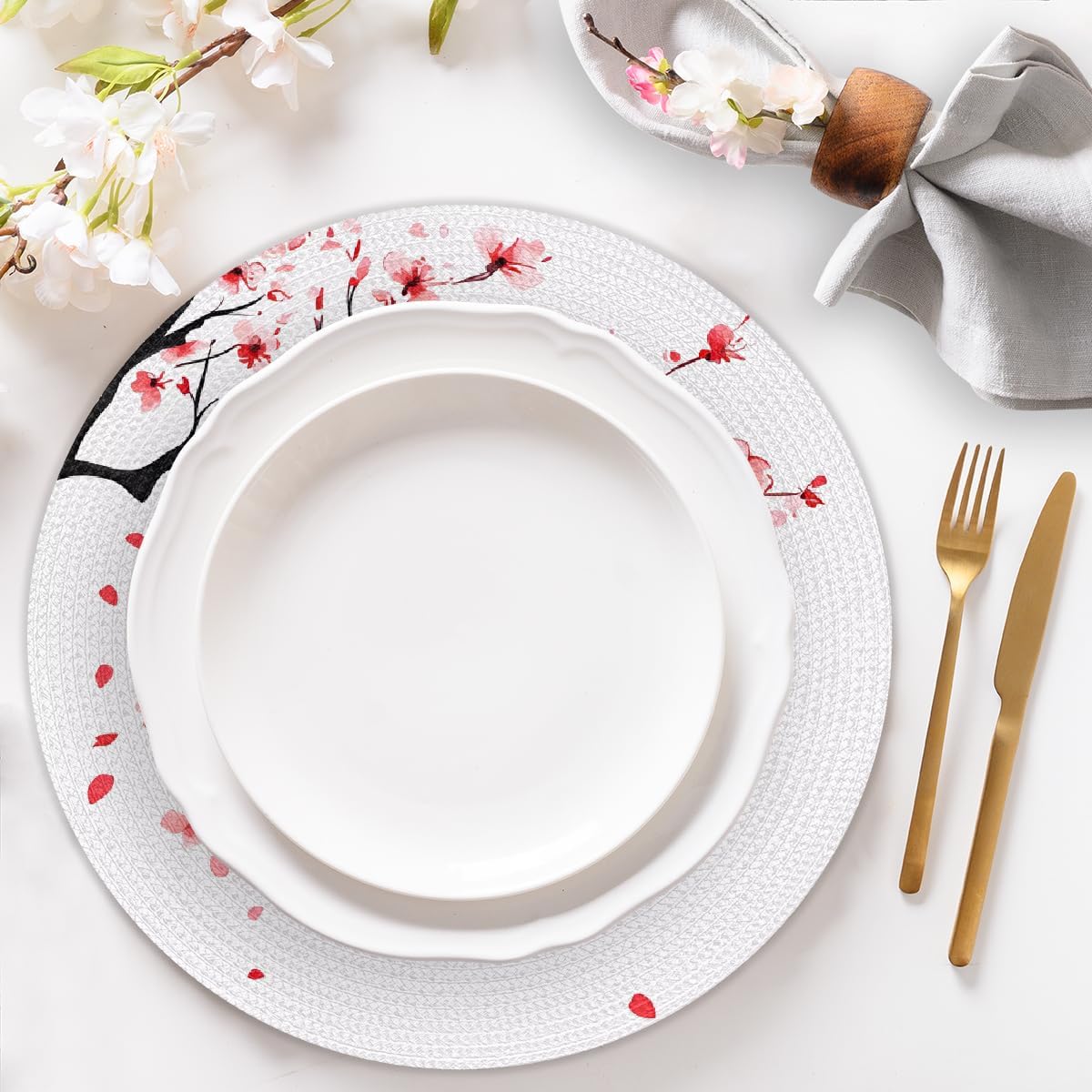 Round Woven Placemats Set of 4, Cherry Blossom Braided Place Mat 15 Inch Japanese Cherry Blossom Heat Resistant Washable Table Mats for Dining Tables Kitchen Party Decor