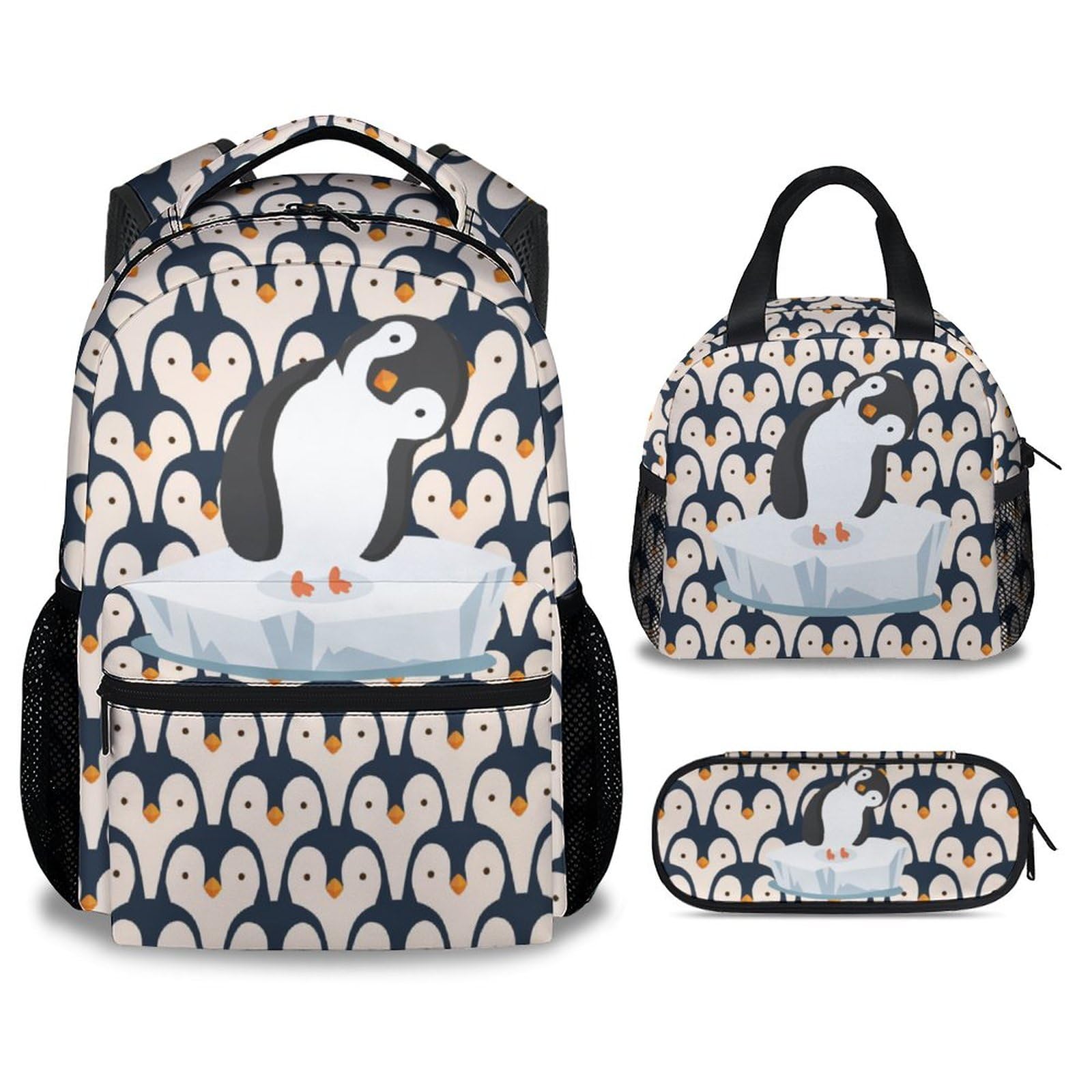 COOPASIA Penguin Backpack with Lunch Box and Pencil Case, 16 Inch Penguin Theme Bookbag with Adjustable Straps, Durable, Lightweight, Large Capacity,