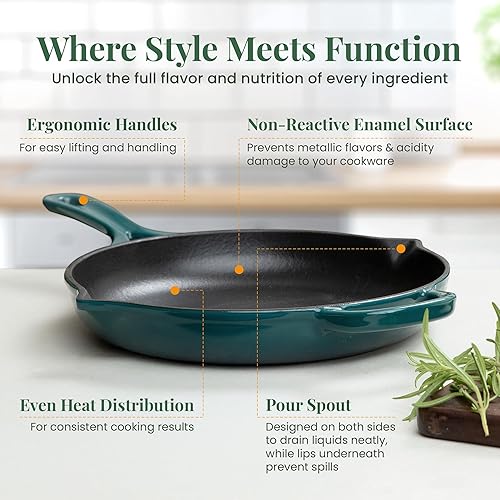 Miniatura 15 de Larder & Vine Sartén de hierro fundido esmaltado Sartén de hierro fundido de 10.25 pulgadas Sartén para saltear con boquillas de vertido