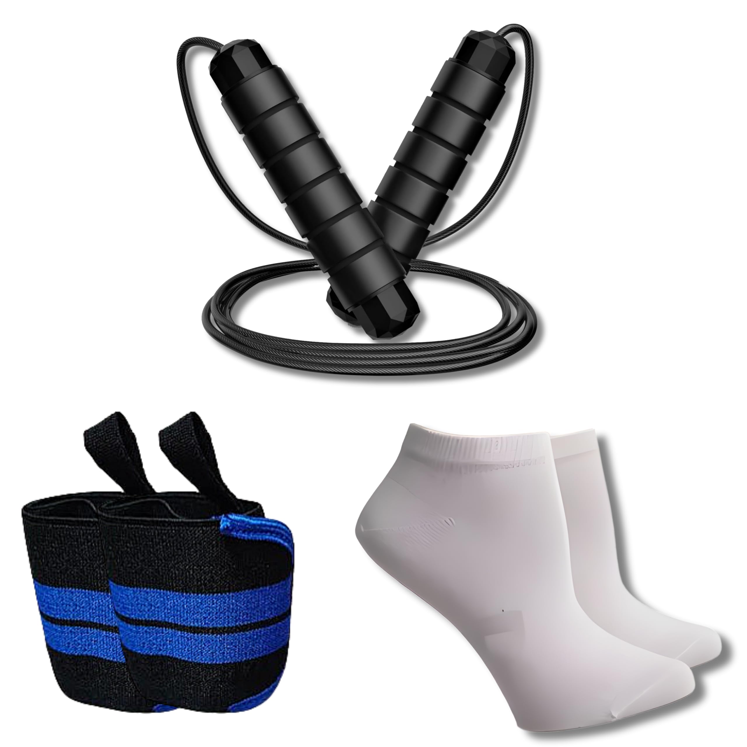 black jumping rope | wrist band | white socks | e-book - home workout kit for cardio, endurance training & flexibility improvement