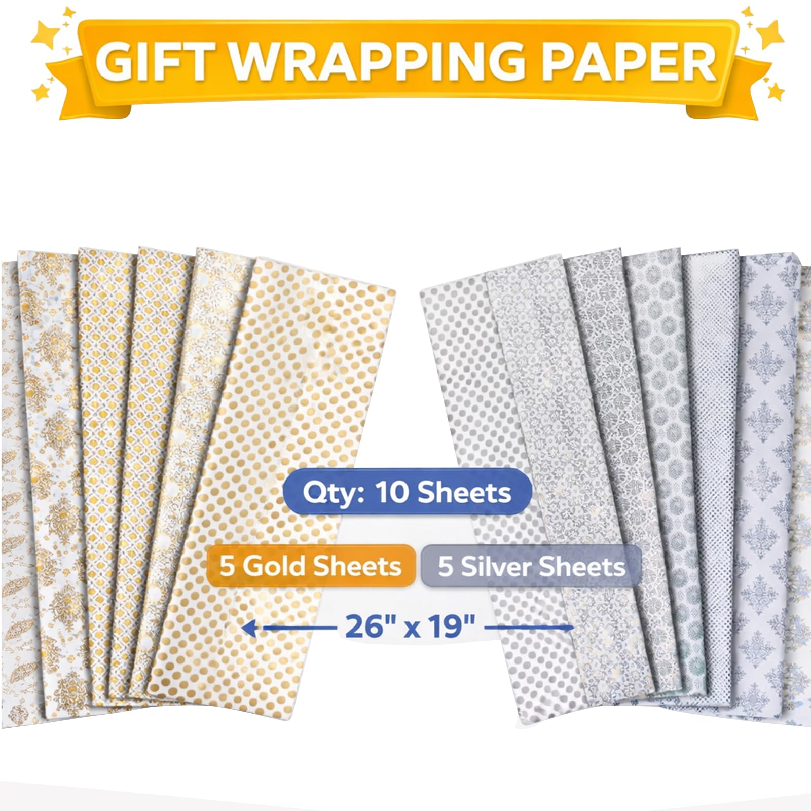 Asian Hobby Crafts Premium Golden & Silver Gift Wrapping Paper (10 Sheets) – Decorative Gift Wrap Sheets for Party Events, Return Gifts, Any Occasions, Craft Projects, DIY Packaging & Creative Gift Packing