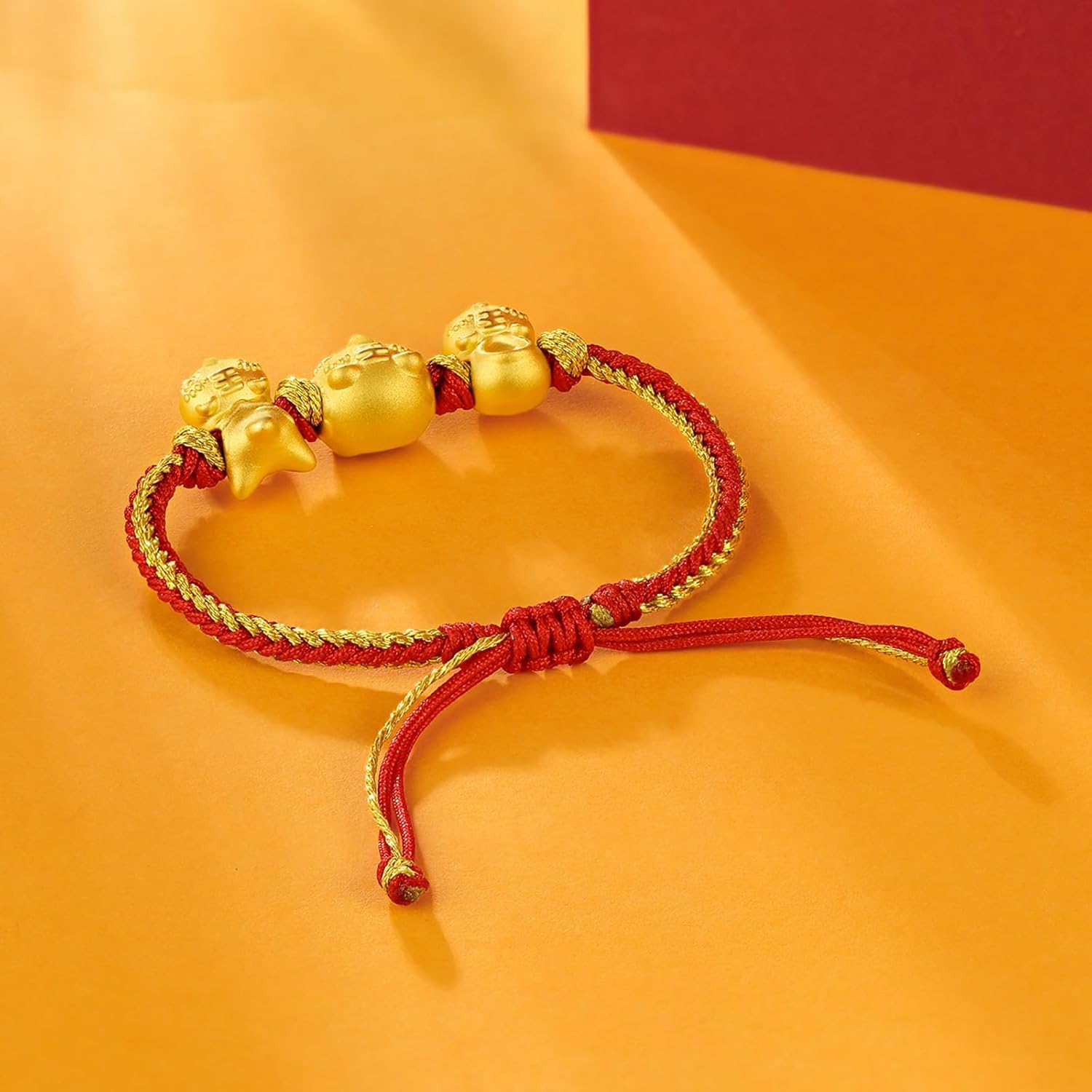 24K Solid Gold Bracelet Tiger Real Pure Gold Jewelry Lucky Chinese Zodiac Charm Red Braided Bracelet 5.1-7.5" A1711121