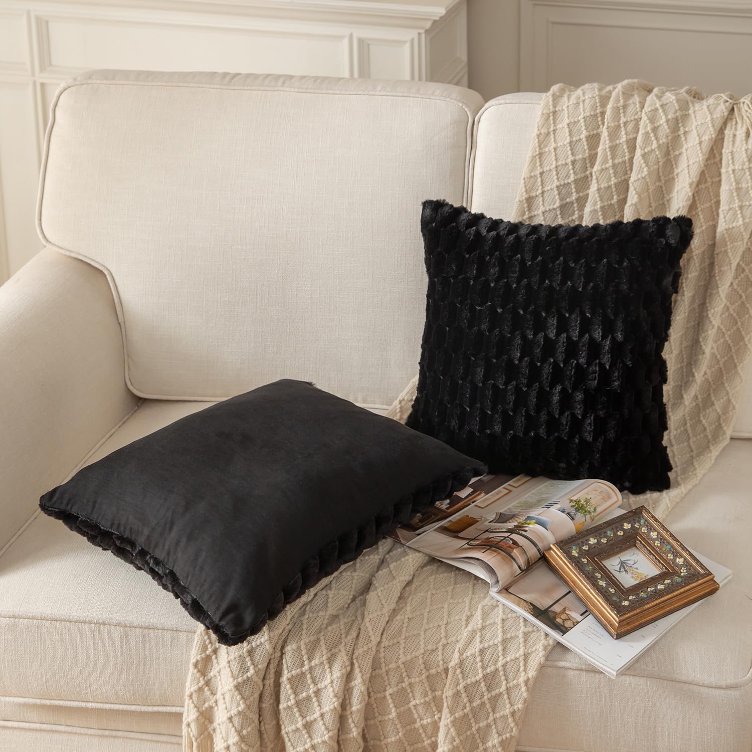 Mandioo Pack of 2 Black Super Soft Plush Decorative Cushion Covers 26x26 inch 65x65 cm Wool Velvet Throw Pillow Covers cases Faux Fur fluffy Couch Sofa Bed Livingroom - Image 3