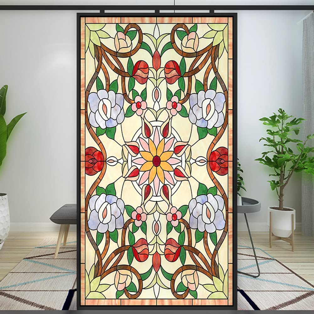 Tree of Life Church Style Privacy Window Film Stained Glass Static Cling Window Treatments Window Coverings Glass Sticker Decorative Film for Siding Glass Door Home Decor 17.7"x70.9"(45x180cm)
