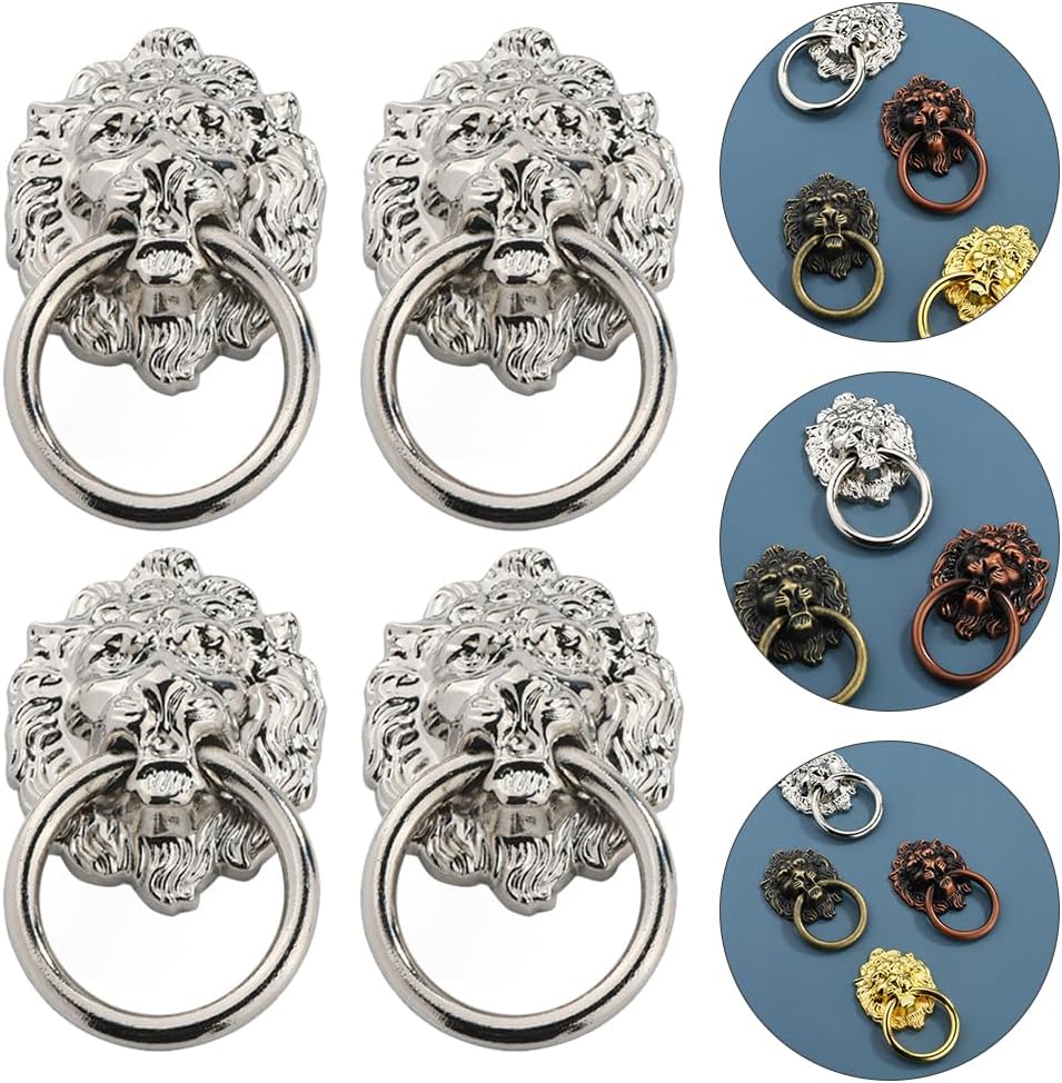 5 Pcs Lions Head Door Knocker Closet Door Knobs Door Ring Dressers Closet Handle Cabinet Door Decorative Door Rings - (Color: Silver)