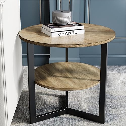 LEEMTORIG Mesa auxiliar redonda con almacenamiento, mesa auxiliar circular para sala de estar, mesa auxiliar de madera maciza de 2 niveles, mesa de