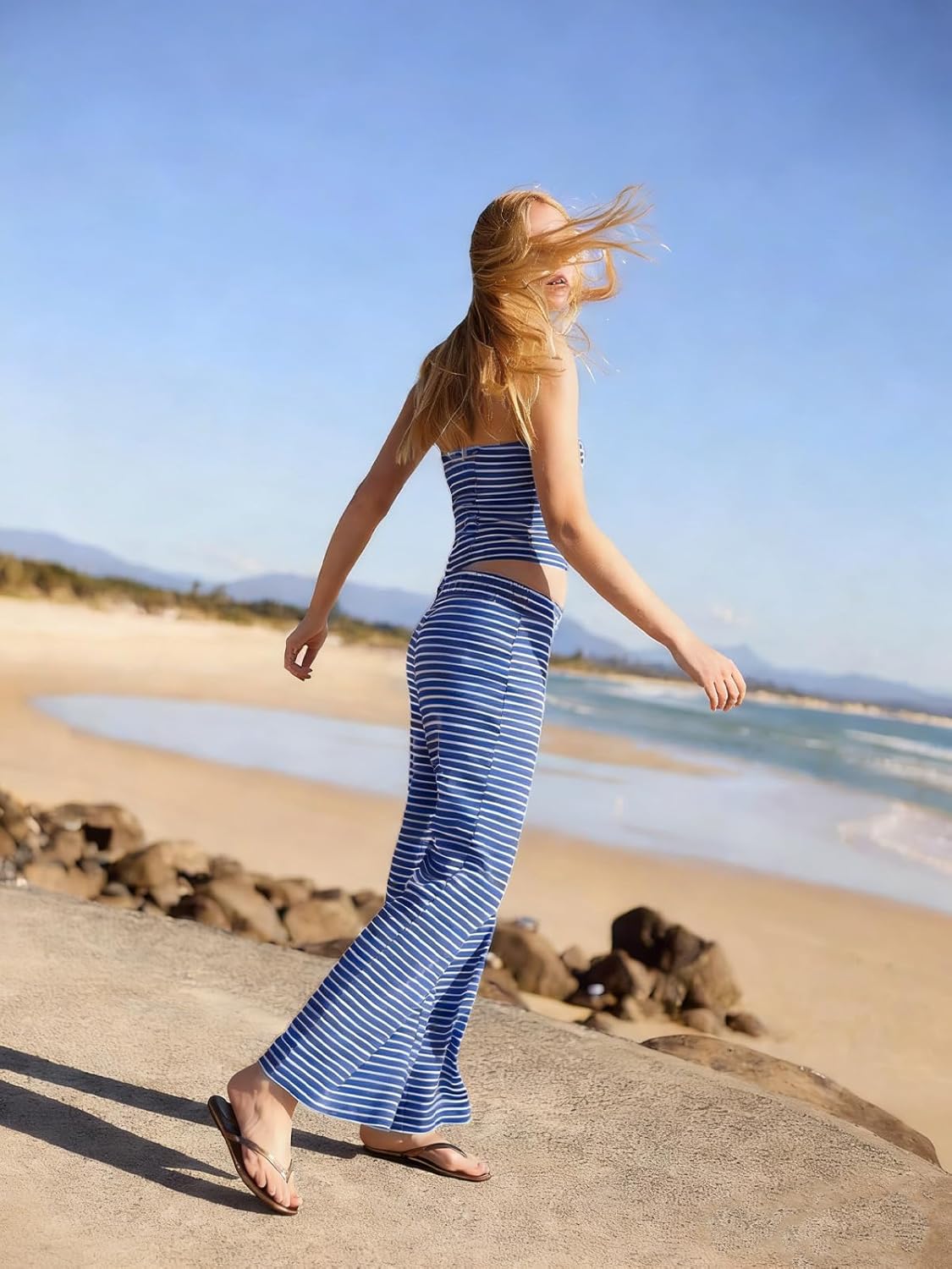 Womens Striped Two Piece Outfit Strapless Tube Top Wide Leg Pants Matching Set Summer Beach Vacation Lounge Wear - Image 5